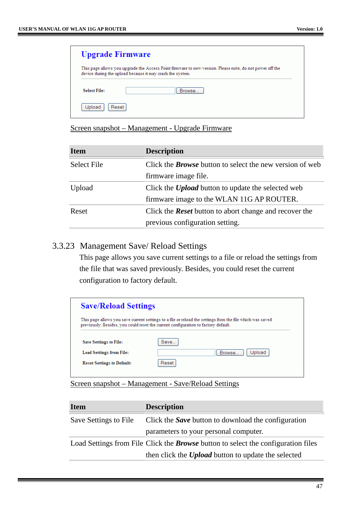   USER’S MANUAL OF WLAN 11G AP ROUTER    Version: 1.0     47  Screen snapshot – Management - Upgrade Firmware  Item  Description   Select File  Click the Browse button to select the new version of web firmware image file. Upload Click the Upload button to update the selected web firmware image to the WLAN 11G AP ROUTER. Reset Click the Reset button to abort change and recover the previous configuration setting.  3.3.23 Management Save/ Reload Settings This page allows you save current settings to a file or reload the settings from the file that was saved previously. Besides, you could reset the current configuration to factory default.   Screen snapshot – Management - Save/Reload Settings  Item  Description   Save Settings to File  Click the Save button to download the configuration parameters to your personal computer. Load Settings from File Click the Browse button to select the configuration files then click the Upload button to update the selected 