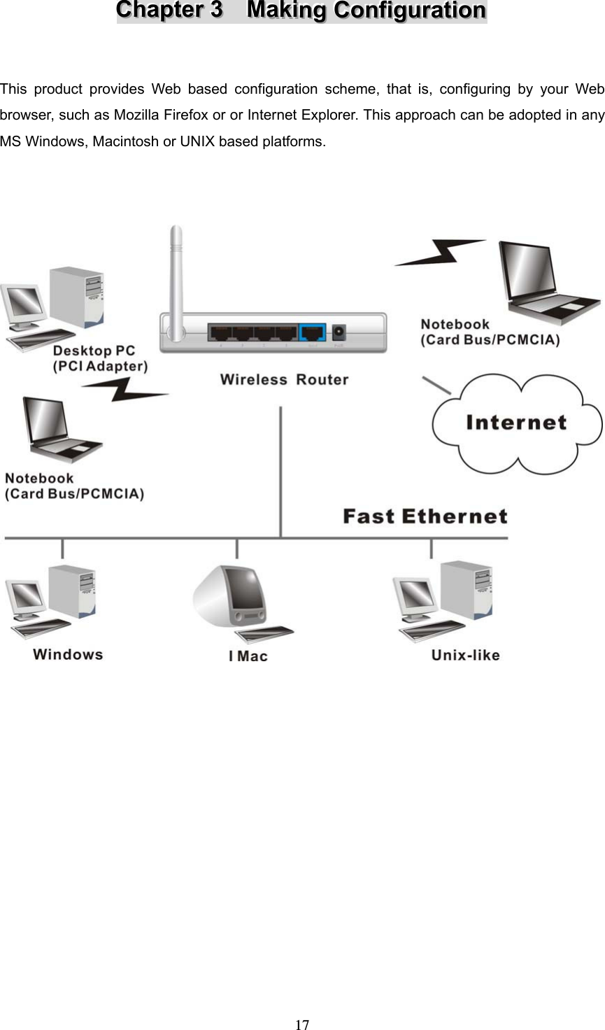  17CCChhhaaapppttteeerrr   333      MMMaaakkkiiinnnggg   CCCooonnnfffiiiggguuurrraaatttiiiooonnn    This product provides Web based configuration scheme, that is, configuring by your Web browser, such as Mozilla Firefox or or Internet Explorer. This approach can be adopted in any MS Windows, Macintosh or UNIX based platforms.               