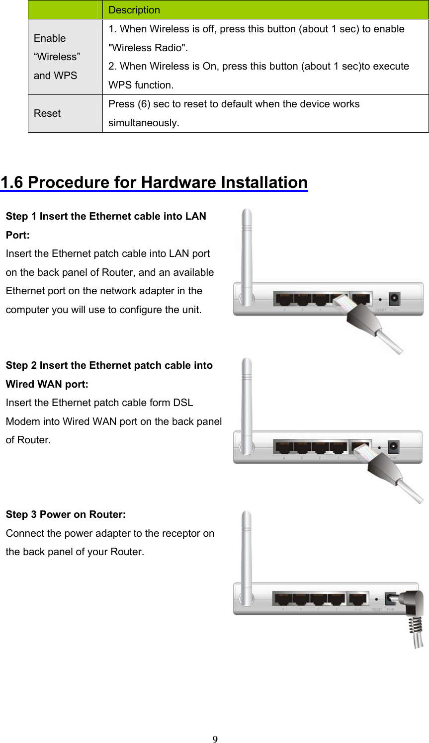  9     Description Enable “Wireless” and WPS 1. When Wireless is off, press this button (about 1 sec) to enable &quot;Wireless Radio&quot;. 2. When Wireless is On, press this button (about 1 sec)to execute WPS function. Reset  Press (6) sec to reset to default when the device works simultaneously.   1.6 Procedure for Hardware Installation  Step 1 Insert the Ethernet cable into LAN Port: Insert the Ethernet patch cable into LAN port on the back panel of Router, and an available Ethernet port on the network adapter in the computer you will use to configure the unit.  Step 2 Insert the Ethernet patch cable into Wired WAN port: Insert the Ethernet patch cable form DSL Modem into Wired WAN port on the back panel of Router.    Step 3 Power on Router:   Connect the power adapter to the receptor on the back panel of your Router.  