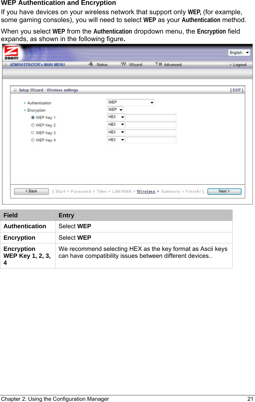 Chapter 2: Using the Configuration Manager                                                         21  WEP Authentication and Encryption If you have devices on your wireless network that support only WEP, (for example, some gaming consoles), you will need to select WEP as your Authentication method. When you select WEP from the Authentication dropdown menu, the Encryption field expands, as shown in the following figure.  Field Entry  Authentication  Select WEP Encryption  Select WEP Encryption  WEP Key 1, 2, 3, 4 We recommend selecting HEX as the key format as Ascii keys can have compatibility issues between different devices.. 