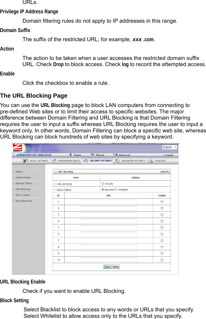  URLs.  Privilege IP Address Range  Domain filtering rules do not apply to IP addresses in this range. Domain Suffix  The suffix of the restricted URL; for example, xxx .com.  Action  The action to be taken when a user accesses the restricted domain suffix URL. Check Drop to block access. Check log to record the attempted access.   Enable  Click the checkbox to enable a rule.   The URL Blocking Page You can use the URL Blocking page to block LAN computers from connecting to pre-defined Web sites or to limit their access to specific websites. The major difference between Domain Filtering and URL Blocking is that Domain Filtering requires the user to input a suffix whereas URL Blocking requires the user to input a keyword only. In other words, Domain Filtering can block a specific web site, whereas URL Blocking can block hundreds of web sites by specifying a keyword.  URL Blocking Enable   Check if you want to enable URL Blocking.   Block Setting Select Blacklist to block access to any words or URLs that you specify.   Select Whitelist to allow access only to the URLs that you specify. 