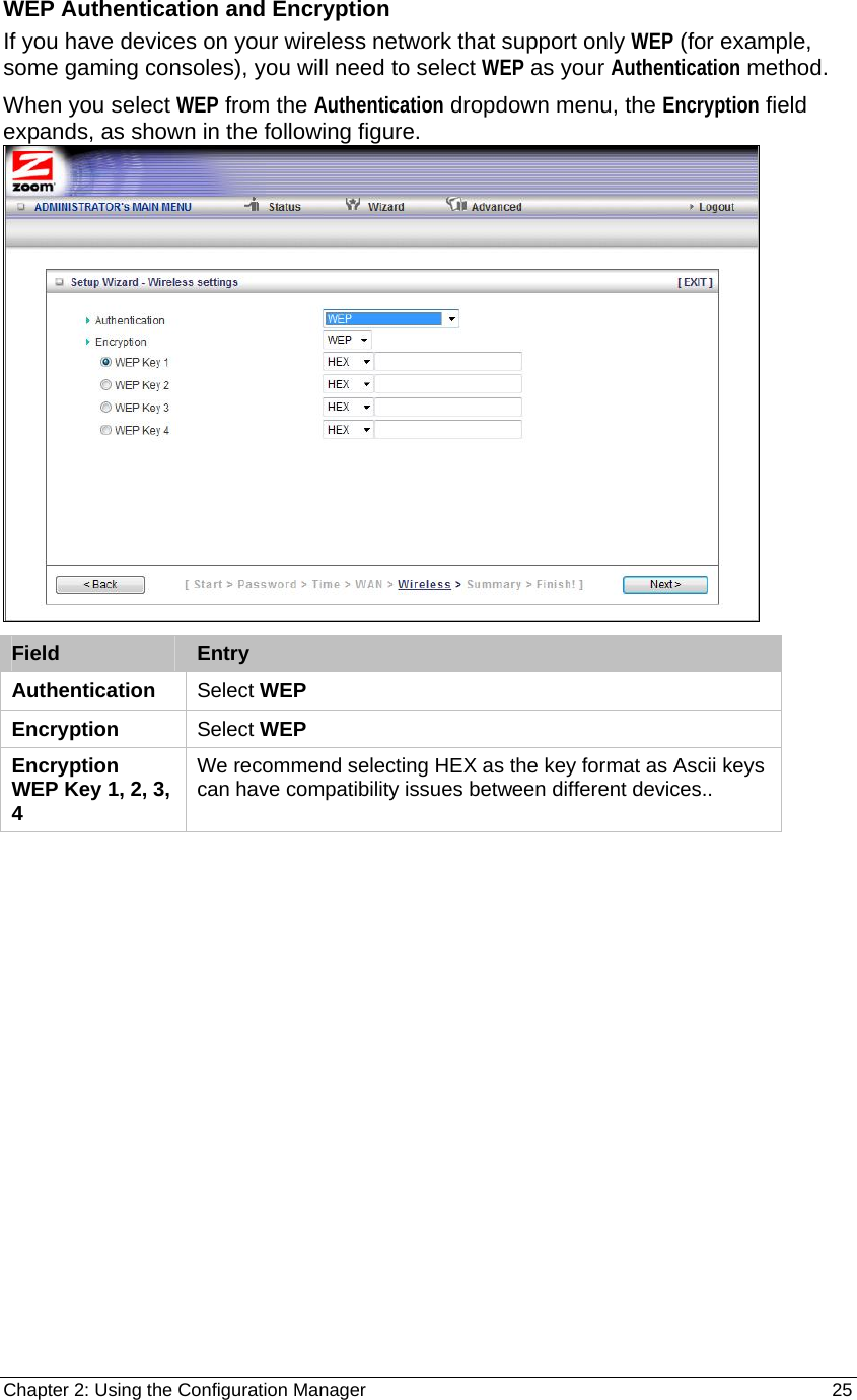 Chapter 2: Using the Configuration Manager                                                         25 WEP Authentication and Encryption If you have devices on your wireless network that support only WEP (for example, some gaming consoles), you will need to select WEP as your Authentication method. When you select WEP from the Authentication dropdown menu, the Encryption field expands, as shown in the following figure.  Field Entry  Authentication  Select WEP Encryption  Select WEP Encryption  WEP Key 1, 2, 3, 4 We recommend selecting HEX as the key format as Ascii keys can have compatibility issues between different devices.. 