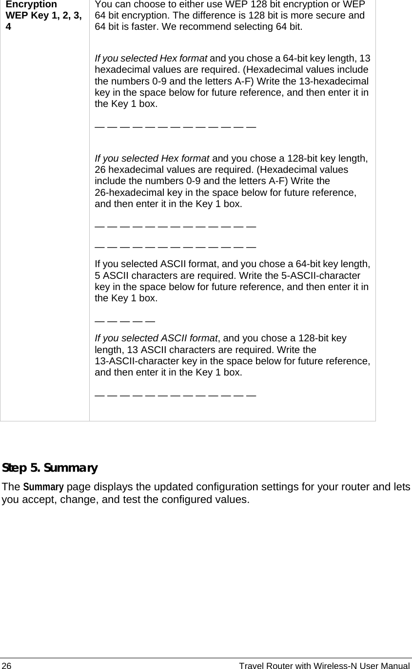 26                                                          Travel Router with Wireless-N User Manual Encryption  WEP Key 1, 2, 3, 4 You can choose to either use WEP 128 bit encryption or WEP 64 bit encryption. The difference is 128 bit is more secure and 64 bit is faster. We recommend selecting 64 bit.  If you selected Hex format and you chose a 64-bit key length, 13 hexadecimal values are required. (Hexadecimal values include the numbers 0-9 and the letters A-F) Write the 13-hexadecimal key in the space below for future reference, and then enter it in the Key 1 box.  — — — — — — — — — — — — —    If you selected Hex format and you chose a 128-bit key length, 26 hexadecimal values are required. (Hexadecimal values include the numbers 0-9 and the letters A-F) Write the 26-hexadecimal key in the space below for future reference, and then enter it in the Key 1 box.  — — — — — — — — — — — — — — — — — — — — — — — — — — If you selected ASCII format, and you chose a 64-bit key length, 5 ASCII characters are required. Write the 5-ASCII-character key in the space below for future reference, and then enter it in the Key 1 box.  — — — — — If you selected ASCII format, and you chose a 128-bit key length, 13 ASCII characters are required. Write the 13-ASCII-character key in the space below for future reference, and then enter it in the Key 1 box.  — — — — — — — — — — — — —     Step 5. Summary The Summary page displays the updated configuration settings for your router and lets you accept, change, and test the configured values.   