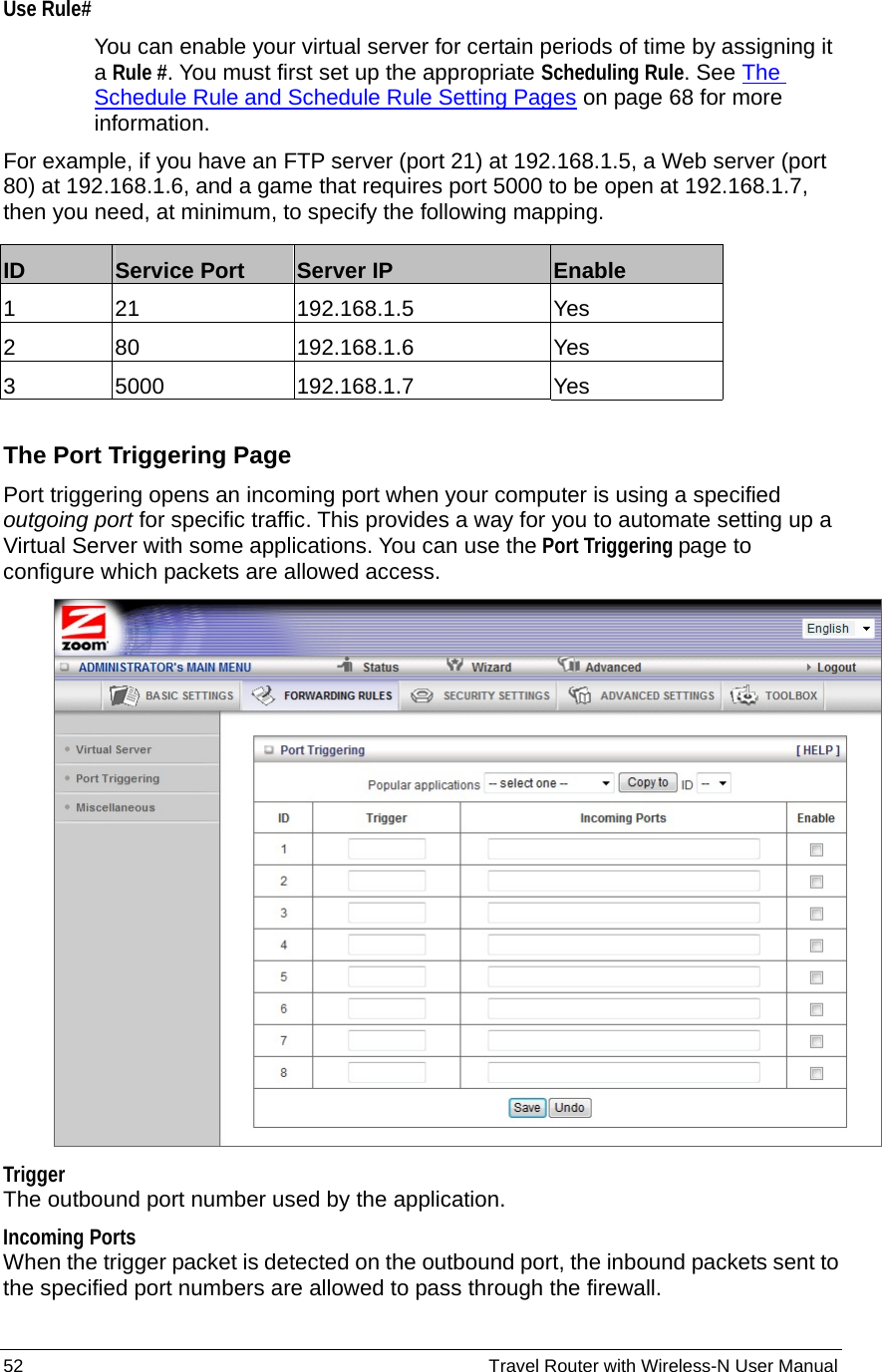 52                                                          Travel Router with Wireless-N User Manual Use Rule# You can enable your virtual server for certain periods of time by assigning it a Rule #. You must first set up the appropriate Scheduling Rule. See The Schedule Rule and Schedule Rule Setting Pages on page 68 for more information. For example, if you have an FTP server (port 21) at 192.168.1.5, a Web server (port 80) at 192.168.1.6, and a game that requires port 5000 to be open at 192.168.1.7, then you need, at minimum, to specify the following mapping.       The Port Triggering Page Port triggering opens an incoming port when your computer is using a specified outgoing port for specific traffic. This provides a way for you to automate setting up a Virtual Server with some applications. You can use the Port Triggering page to configure which packets are allowed access.  Trigger  The outbound port number used by the application. Incoming Ports  When the trigger packet is detected on the outbound port, the inbound packets sent to the specified port numbers are allowed to pass through the firewall. ID  Service Port  Server IP  Enable 1 21  192.168.1.5  Yes 2 80  192.168.1.6  Yes 3 5000  192.168.1.7  Yes 