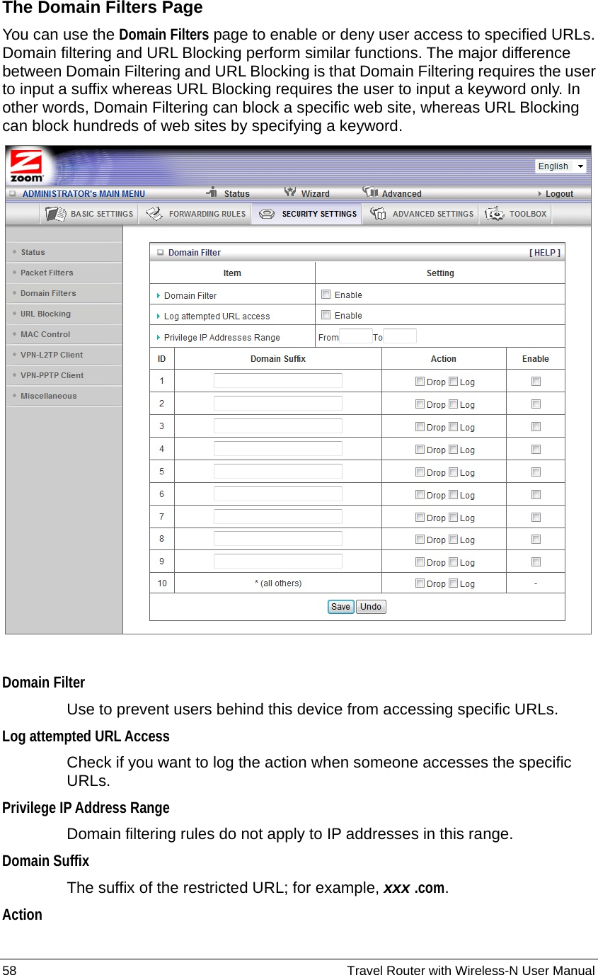 58                                                          Travel Router with Wireless-N User Manual The Domain Filters Page You can use the Domain Filters page to enable or deny user access to specified URLs.   Domain filtering and URL Blocking perform similar functions. The major difference between Domain Filtering and URL Blocking is that Domain Filtering requires the user to input a suffix whereas URL Blocking requires the user to input a keyword only. In other words, Domain Filtering can block a specific web site, whereas URL Blocking can block hundreds of web sites by specifying a keyword.   Domain Filter   Use to prevent users behind this device from accessing specific URLs.   Log attempted URL Access   Check if you want to log the action when someone accesses the specific URLs.  Privilege IP Address Range  Domain filtering rules do not apply to IP addresses in this range. Domain Suffix  The suffix of the restricted URL; for example, xxx .com.  Action  