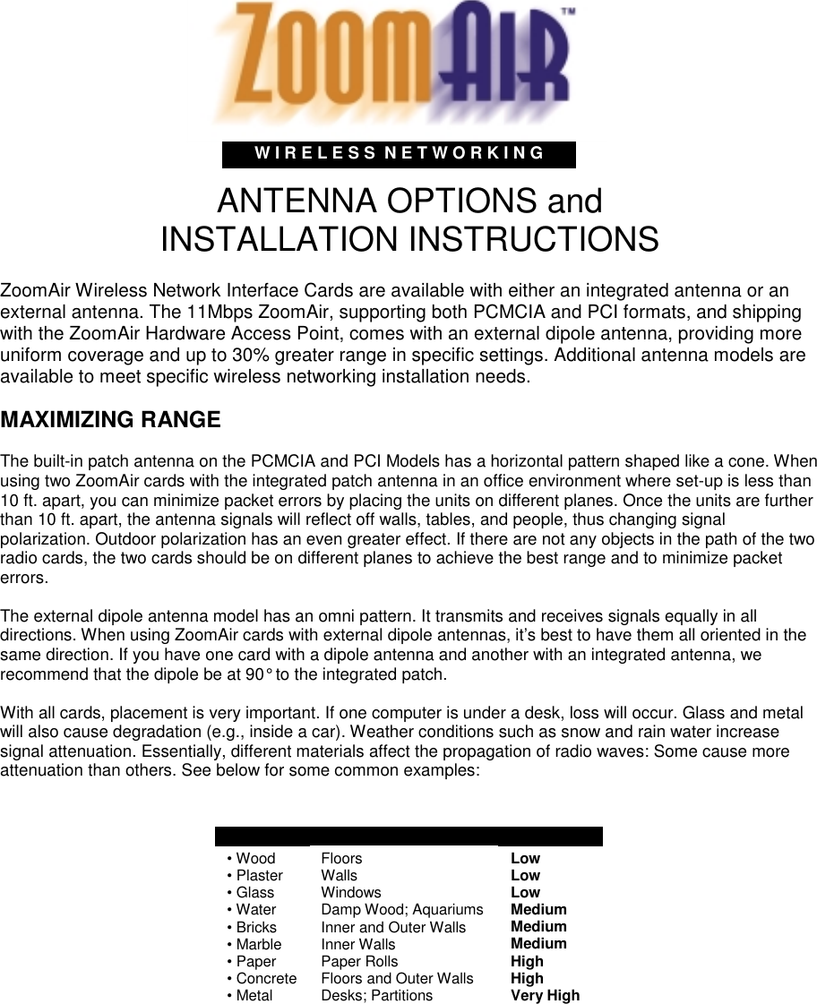                                         ANTENNA OPTIONS andINSTALLATION INSTRUCTIONSZoomAir Wireless Network Interface Cards are available with either an integrated antenna or anexternal antenna. The 11Mbps ZoomAir, supporting both PCMCIA and PCI formats, and shippingwith the ZoomAir Hardware Access Point, comes with an external dipole antenna, providing moreuniform coverage and up to 30% greater range in specific settings. Additional antenna models areavailable to meet specific wireless networking installation needs.MAXIMIZING RANGEThe built-in patch antenna on the PCMCIA and PCI Models has a horizontal pattern shaped like a cone. Whenusing two ZoomAir cards with the integrated patch antenna in an office environment where set-up is less than10 ft. apart, you can minimize packet errors by placing the units on different planes. Once the units are furtherthan 10 ft. apart, the antenna signals will reflect off walls, tables, and people, thus changing signalpolarization. Outdoor polarization has an even greater effect. If there are not any objects in the path of the tworadio cards, the two cards should be on different planes to achieve the best range and to minimize packeterrors.The external dipole antenna model has an omni pattern. It transmits and receives signals equally in alldirections. When using ZoomAir cards with external dipole antennas, it’s best to have them all oriented in thesame direction. If you have one card with a dipole antenna and another with an integrated antenna, werecommend that the dipole be at 90° to the integrated patch.With all cards, placement is very important. If one computer is under a desk, loss will occur. Glass and metalwill also cause degradation (e.g., inside a car). Weather conditions such as snow and rain water increasesignal attenuation. Essentially, different materials affect the propagation of radio waves: Some cause moreattenuation than others. See below for some common examples:• Wood Floors Low• Plaster Walls Low• Glass Windows Low• Water Damp Wood; Aquariums Medium• Bricks Inner and Outer Walls Medium• Marble Inner Walls Medium• Paper Paper Rolls High• Concrete Floors and Outer Walls High• Metal Desks; Partitions Very HighMaterials Examples AttenuationW I R E L E S S  N E T W O R K I N G