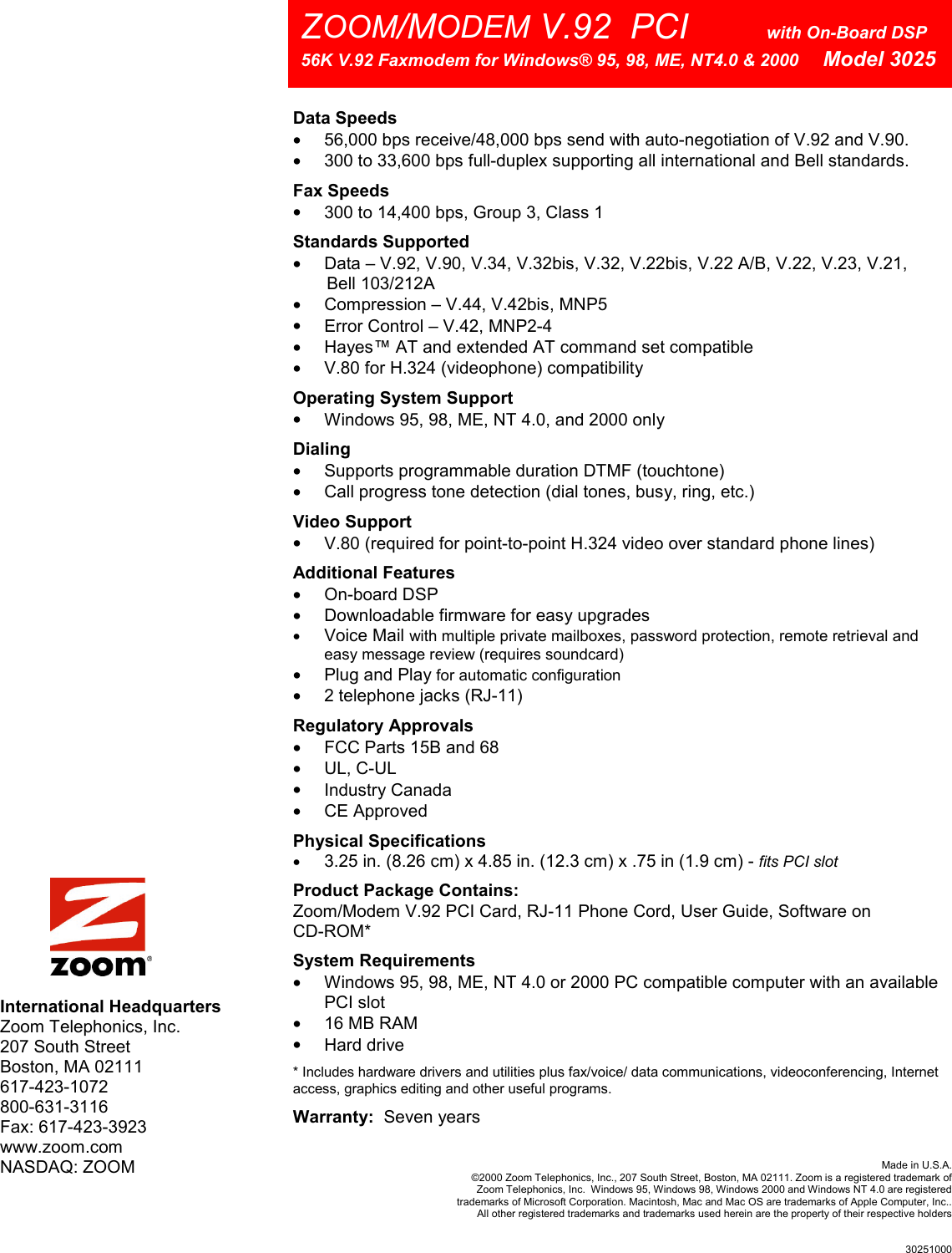 Page 2 of 2 - Zoom Zoom-3025-Specifications 3025V920900 PCI Modem