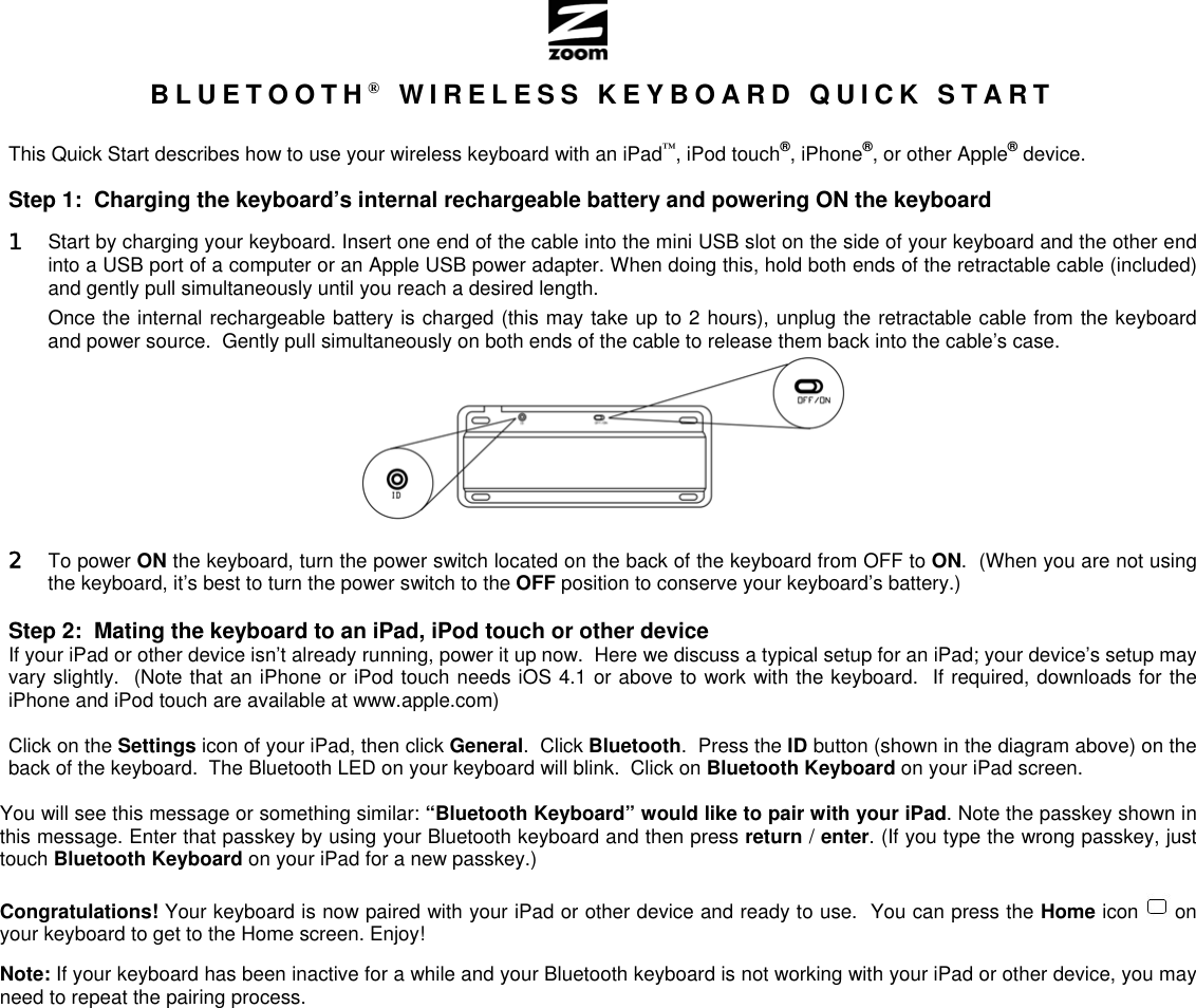 Page 1 of 5 - Zoom Zoom-9010-Users-Manual- Wireless Keyboard Quick Start  Zoom-9010-users-manual