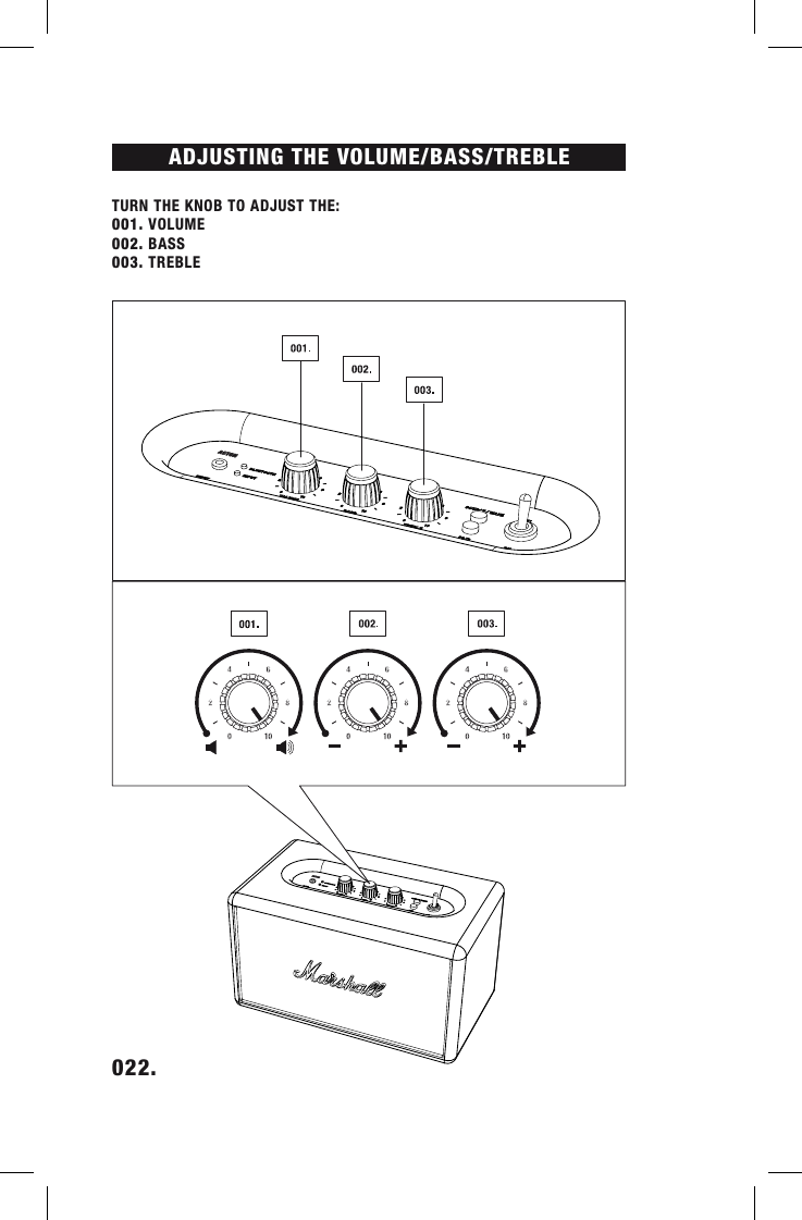 ADJUSTING THE VOLUME/BASS/TREBLE TURN THE KNOB TO ADJUST THE:001. VOLUME002. BASS003. TREBLE022.    