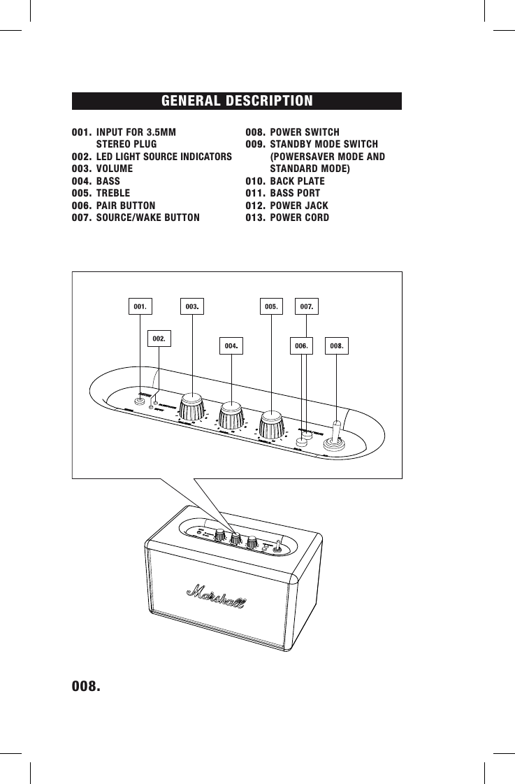 GENERAL  DESCRIPTION                                                           001. INPUT FOR 3.5MM      STEREO PLUG002. LED LIGHT SOURCE INDICATORS003. VOLUME004. BASS 005. TREBLE 006. PAIR BUTTON007. SOURCE/WAKE BUTTON 008. POWER SWITCH009. STANDBY MODE SWITCH      (POWERSAVER MODE AND      STANDARD MODE)010.  BACK PLATE011. BASS PORT012. POWER JACK013. POWER CORD008.    