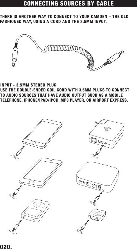 CONNECTING  SOURCES  BY  CABLE                                                              THERE IS ANOTHER WAY TO CONNECT TO YOUR CAMDEN – THE OLD FASHIONED WAY, USING A CORD AND THE 3.5MM INPUT.INPUT - 3.5MM STEREO PLUGUSE THE DOUBLE-ENDED COIL CORD WITH 3.5MM PLUGS TO CONNECT TO AUDIO SOURCES THAT HAVE AUDIO OUTPUT SUCH AS A MOBILE TELEPHONE, IPHONE/IPAD/IPOD, MP3 PLAYER, OR AIRPORT EXPRESS. 020.    DRAFT