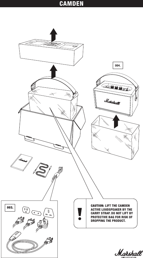 CAMDENCAUTION: LIFT THE CAMDEN ACTIVE LOUDSPEAKER BY THE CARRY STRAP. DO NOT LIFT BY PROTECTIVE BAG FOR RISK OF DROPPING THE PRODUCT.003.