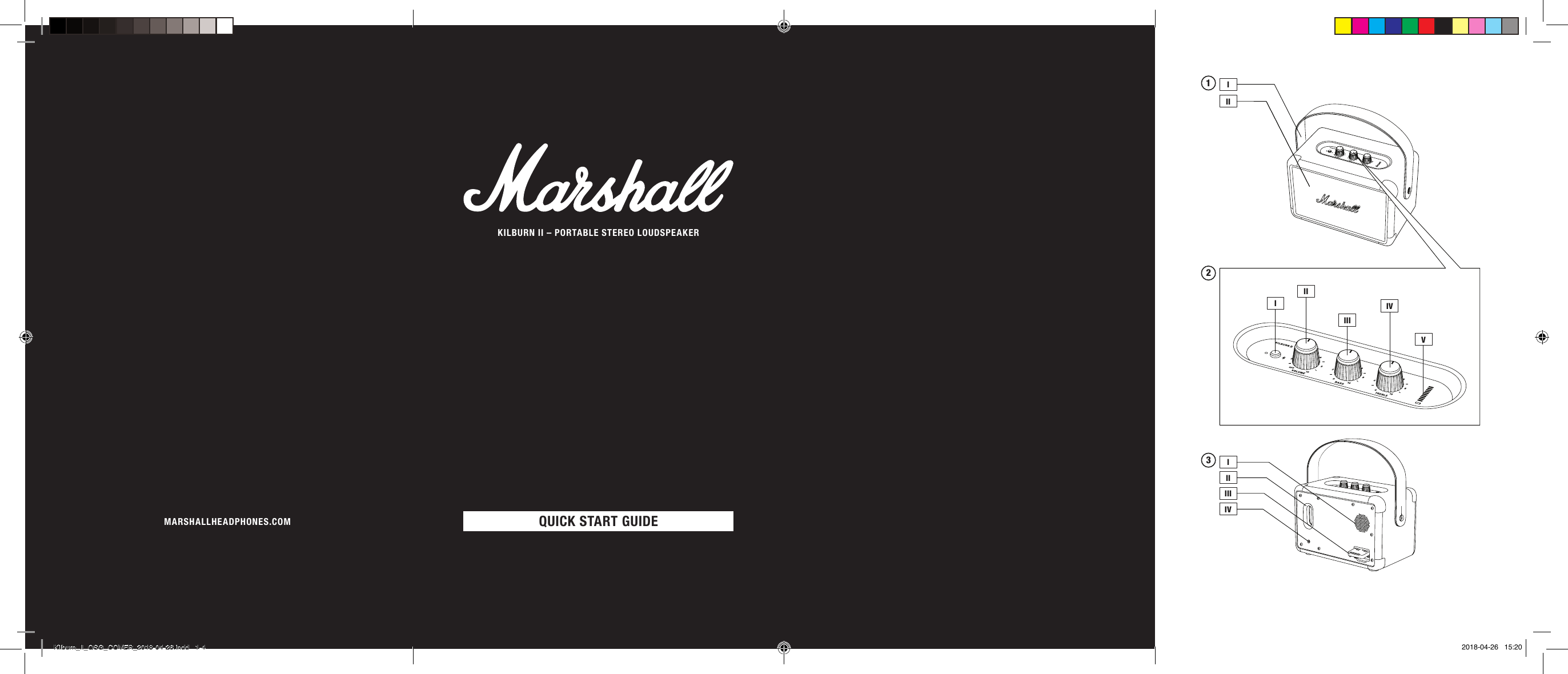 MARSHALLHEADPHONES.COM1IIIIIIIIIVVIII3IIIIV2IKILBURN II – PORTABLE STEREO LOUDSPEAKERQUICK START GUIDEKilburn_II_QSG_COVER_2018-04-26.indd   1-4 2018-04-26   15:20