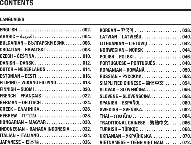 CONTENTSENGLISH ...........................002.ARABIC – ةيبرعلا . . . . . . . . . . . . . . . . . . . . 004.BULGARIAN – БЪЛГАРСКИ ЕЗИК .......006.CROATIAN – HRVATSKI  ...............008.CZECH - ČEŠTINA ....................010.DANISH – DANSK ....................012.DUTCH – NEDERLANDS ...............014.ESTONIAN – EESTI ...................016.FILIPINO – WIKANG FILIPINO ...........018.FINNISH – SUOMI ....................020.FRENCH – FRANÇAIS .................022.GERMAN – DEUTSCH .................024.GREEK – ΕΛΛΗΝΙΚΆ ..................026.HEBREW – תירבע . . . . . . . . . . . . . . . . . . . 028.HUNGARIAN – MAGYAR ...............030.INDONESIAN – BAHASA INDONESIA .....032.ITALIAN – ITALIANO ..................034.JAPANESE – 日本語 ..................036.LANGUAGESKOREAN – 한국어 ....................038.LATVIAN – LATVIEŠU .................040.LITHUANIAN – LIETUVIŲ  ..............042.NORWEGIAN – NORSK ................044.POLISH – POLSKI ....................046.PORTUGUESE – PORTUGUÊS ...........048.ROMANIAN – ROMÂNĂ ................050.RUSSIAN – РУССКИЙ .................052.SIMPLIFIED CHINESE – 简体中文 .......054. SLOVAK – SLOVENČINA ...............056.SLOVENE – SLOVENŠČINA .............058.SPANISH – ESPAÑOL .................060. SWEDISH – SVENSKA .................062.THAI – ภาษาไทย .....................064.TRADITIONAL CHINESE – 繁體中文 ...... 066.TURKISH – TÜRKÇE  ..................068.UKRANIAN – УКРАЇНСЬКА  ............070.VIETNAMESE – TIẾNG VIỆT NAM ........072.