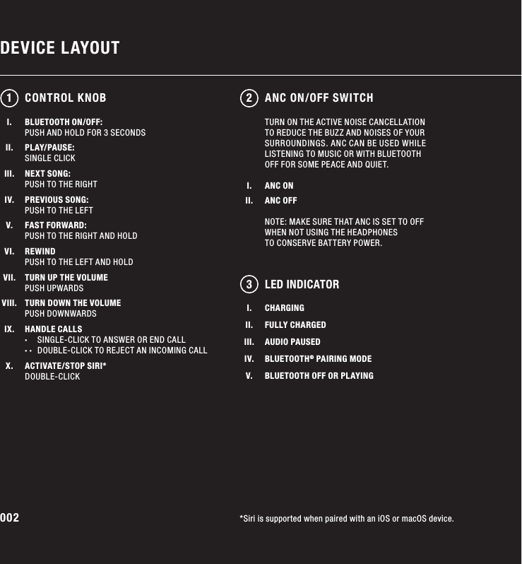 002DEVICE LAYOUT*Siri is supported when paired with an iOS or macOS device.BLUETOOTH ON/OFF: PUSH AND HOLD FOR 3 SECONDSPLAY/PAUSE: SINGLE CLICKNEXT SONG: PUSH TO THE RIGHTPREVIOUS SONG: PUSH TO THE LEFTFAST FORWARD: PUSH TO THE RIGHT AND HOLDREWINDPUSH TO THE LEFT AND HOLDTURN UP THE VOLUME PUSH UPWARDSTURN DOWN THE VOLUME PUSH DOWNWARDSHANDLE CALLS ·  SINGLE-CLICK TO ANSWER OR END CALL · ·  DOUBLE-CLICK TO REJECT AN INCOMING CALLACTIVATE/STOP SIRI* DOUBLE-CLICK123LED INDICATORCONTROL KNOBI.II.III.IV.V.VI.VII.VIII.IX.X.ANC ON/OFF SWITCHTURN ON THE ACTIVE NOISE CANCELLATION TO REDUCE THE BUZZ AND NOISES OF YOUR SURROUNDINGS. ANC CAN BE USED WHILE LISTENING TO MUSIC OR WITH BLUETOOTH  OFF FOR SOME PEACE AND QUIET.ANC ONANC OFFNOTE: MAKE SURE THAT ANC IS SET TO OFF WHEN NOT USING THE HEADPHONES  TO CONSERVE BATTERY POWER.I.II.I.II.III.IV.V.CHARGINGFULLY CHARGEDAUDIO PAUSEDBLUETOOTH® PAIRING MODEBLUETOOTH OFF OR PLAYING
