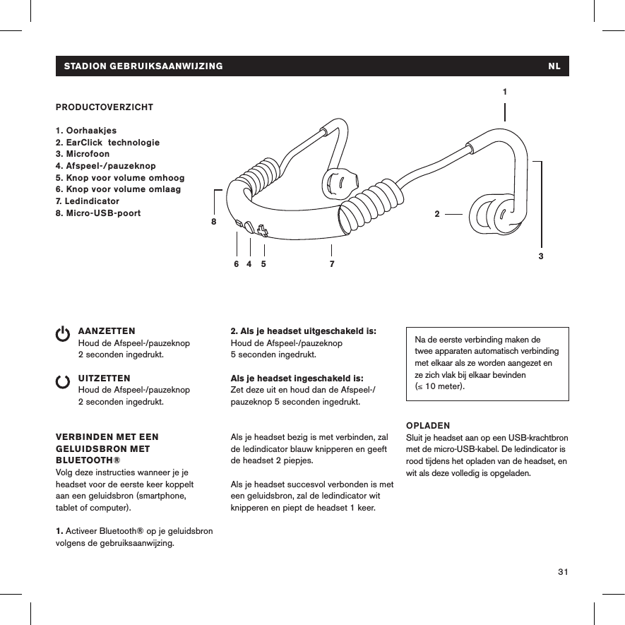 31STADION GEBRUIKSAANWIJZING  NLPRODUCTOVERZICHT1. Oorhaakjes2. EarClick  technologie3. Microfoon4. Afspeel-/pauzeknop 5. Knop voor volume omhoog6. Knop voor volume omlaag7. Ledindicator8. Micro-USB-poortAANZETTENHoud de Afspeel-/pauzeknop  2 seconden ingedrukt. UITZETTENHoud de Afspeel-/pauzeknop  2 seconden ingedrukt.VERBINDEN MET EEN GELUIDSBRON MET BLUETOOTH®Volg deze instructies wanneer je je headset voor de eerste keer koppelt  aan een geluidsbron (smartphone,  tablet of computer).1. Activeer Bluetooth® op je geluidsbron volgens de gebruiksaanwijzing.14 5 78632Na de eerste verbinding maken de twee apparaten automatisch verbinding met elkaar als ze worden aangezet en ze zich vlak bij elkaar bevinden  (≤ 10 meter). 2. Als je headset uitgeschakeld is: Houd de Afspeel-/pauzeknop  5 seconden ingedrukt.  Als je headset ingeschakeld is: Zet deze uit en houd dan de Afspeel-/pauzeknop 5 seconden ingedrukt. Als je headset bezig is met verbinden, zal de ledindicator blauw knipperen en geeft de headset 2 piepjes. Als je headset succesvol verbonden is met een geluidsbron, zal de ledindicator wit knipperen en piept de headset 1 keer.OPLADENSluit je headset aan op een USB-krachtbron met de micro-USB-kabel. De ledindicator is rood tijdens het opladen van de headset, en wit als deze volledig is opgeladen. Pois päältä    Kuulokkeet ovat pois päältä tai normaalissa toiminnassa