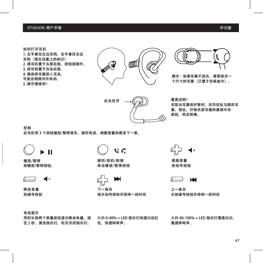 47充电使用微型 USB 连接线时，请将耳机插入 USB 电源。耳机在充电时，LED 指示灯示为红色，充电完成时，则为白色。提示：如果耳塞不适合，请更换另一个尺寸的耳塞（已置于包装盒内）。 控制此耳机有 3 个按钮播放/暂停音乐、接听电话、调整音量和跳至下一首。电池显示同时长按两个音量按钮显示剩余电量。按住 2 秒，激活指示灯。松开关闭指示灯。如何打开耳机 1. 左手拿住左边耳钩，右手拿住右边 耳钩（请见耳塞上的标记）2. 请耳机置于头部后面，按钮面朝外。3. 将耳钩置于耳朵后面。4. 确保将耳塞放入耳朵，可能会稍微向外松动。5. 请尽情使用！重要说明！在取出耳塞保护套时，切勿拉扯马蹄形耳塞。相反，仔细夹紧耳塞的鼻端中央 拔起，然后剥离。降低音量按减号按钮提高音量按加号按钮播放/暂停按播放/暂停按钮。下一曲目按长加号按钮并保持一段时间上一曲目长按减号按钮并保持一段时间接听/挂机/拒接单击播放/暂停按钮 大约 40-100% = LED 指示灯慢速白闪，慢速哔哔声。大约 0-40% = LED 指示灯快速闪动红色，快速哔哔声。此处拉开STADION用户手册 中文版