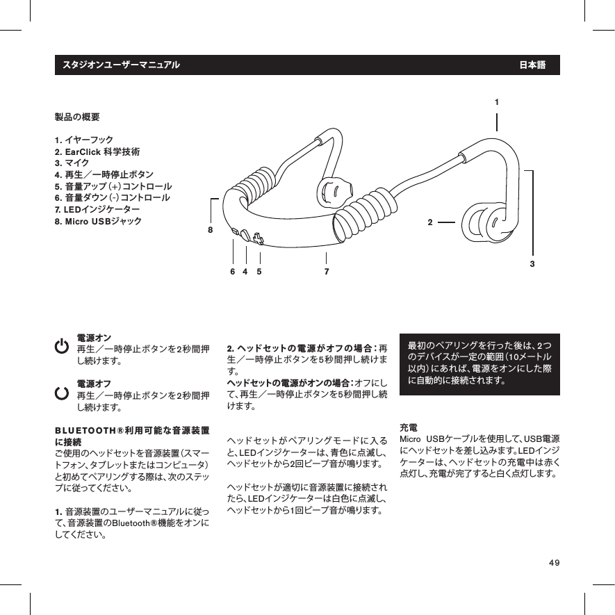 49製品の概要1. イヤーフック2. EarClick 科学技術3. マイク4. 再生／一時停止ボタン 5. 音 量 ア ッ プ（ +）コ ン ト ロ ー ル6. 音 量 ダ ウ ン（ -）コ ン ト ロ ー ル7.  L E Dインジケーター8. Micro USBジャック電源オン再生／一時停止ボタンを2秒間押し続けます。電源オフ再生／一時停止ボタンを2秒間押し続けます。BLUETOOTH®利用可能な音源装置に接続ご使用のヘッドセットを音源装置（スマートフォン、タブレットまたはコンピュータ）と初めてペアリングする際は、次のステップに従ってください。1. 音源装置のユーザーマニュアルに従って、音源装置のBluetooth®機能をオンにしてください。14 5 78632最初のペアリングを行った後は、2つのデバイスが一定の範囲（10メートル以内）にあれば、電源をオンにした際に自動的に接続されます。2. ヘッドセットの電源がオフの場合：再生／一時停止ボタンを5秒間押し続けます。ヘッドセットの電源がオンの場合：オフにして、再生／一時停止ボタンを5秒間押し続けます。 ヘッド セットが ペ アリング モ ード に入 ると、LEDインジケーターは、青色に点滅し、ヘッドセットから2回ビープ音が鳴ります。ヘッドセットが適切に音源装置に接続されたら、LEDインジケーターは白色に点滅し、ヘッドセットから1回ビープ音が鳴ります。充電Micro USBケーブルを使用して、USB電源にヘッドセットを差し込みます。LEDインジケーターは、ヘッドセットの充電中は赤く点灯し、充電が完了すると白く点灯します。スタジオンユーザーマニュアル 日本 語关闭     耳机已关机或正常运作