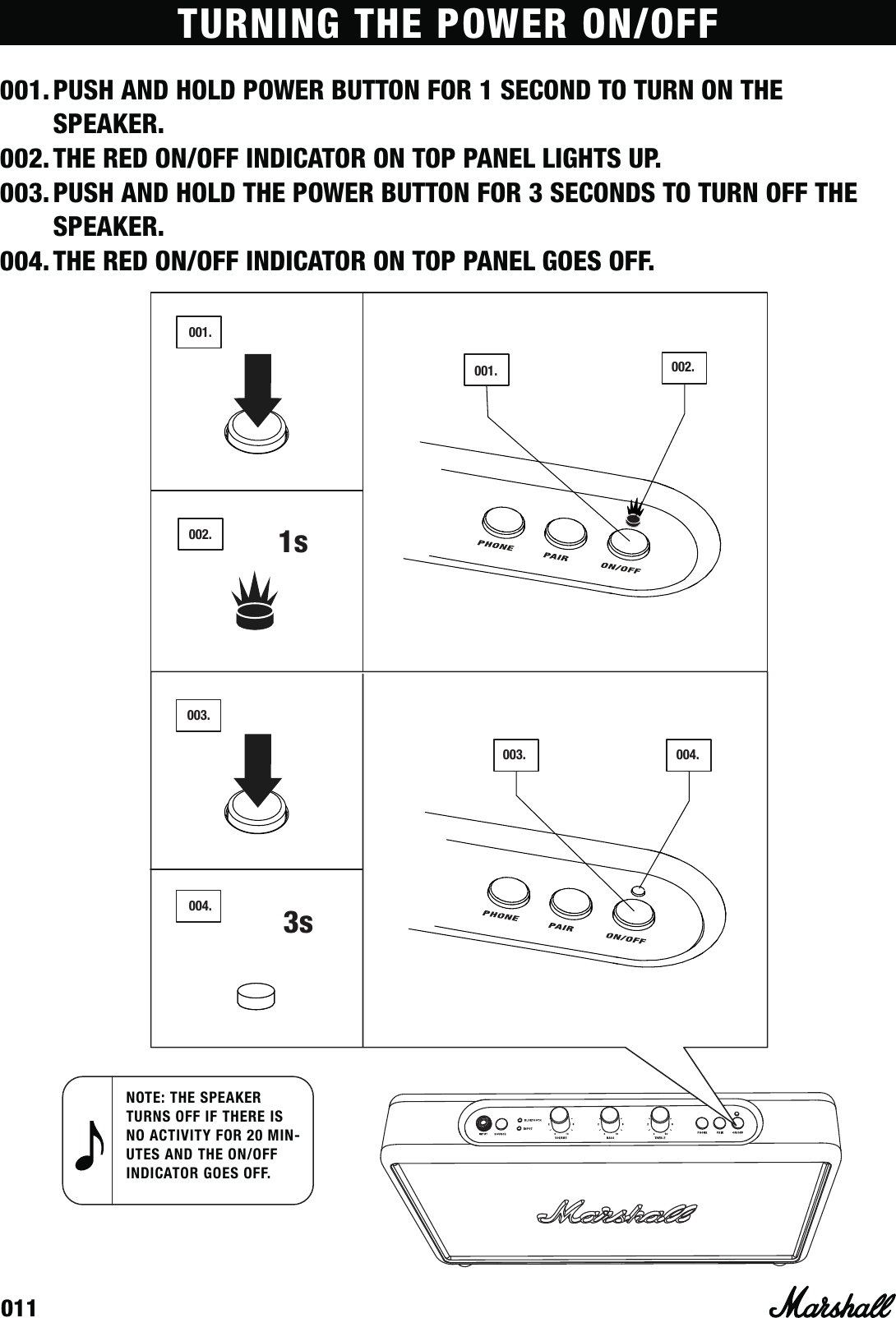 011TURNING THE POWER ON/OFF001. PUSH AND HOLD POWER BUTTON FOR 1 SECOND TO TURN ON THE SPEAKER.002. THE RED ON/OFF INDICATOR ON TOP PANEL LIGHTS UP.003. PUSH AND HOLD THE POWER BUTTON FOR 3 SECONDS TO TURN OFF THE SPEAKER.004. THE RED ON/OFF INDICATOR ON TOP PANEL GOES OFF.NOTE: THE SPEAKER TURNS OFF IF THERE IS NO ACTIVITY FOR 20 MIN-UTES AND THE ON/OFF INDICATOR GOES OFF.001.001.002.002.003. 004.004.003.1s3s
