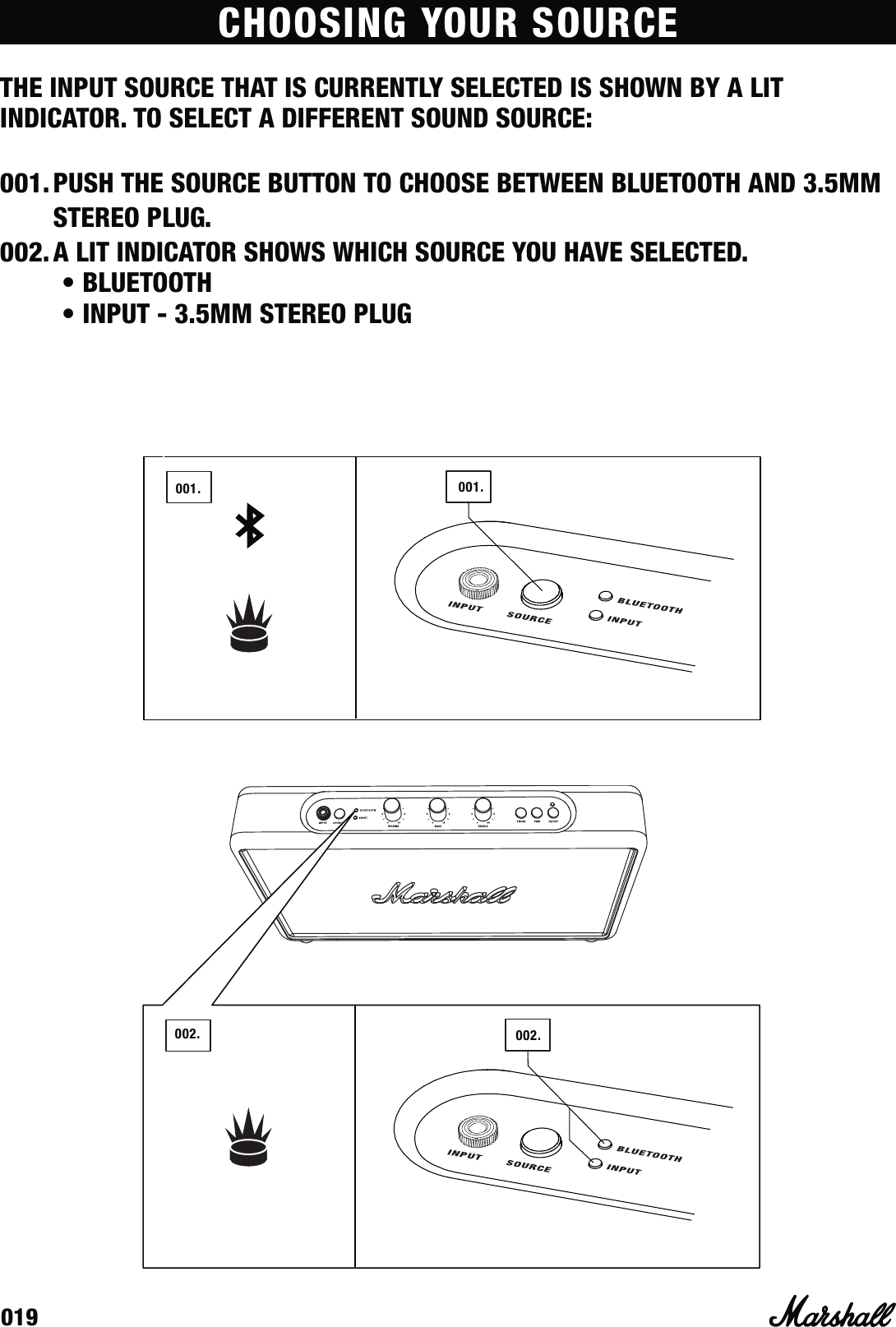 019CHOOSING YOUR SOURCE001. 001.002. 002.THE INPUT SOURCE THAT IS CURRENTLY SELECTED IS SHOWN BY A LIT INDICATOR. TO SELECT A DIFFERENT SOUND SOURCE: 001. PUSH THE SOURCE BUTTON TO CHOOSE BETWEEN BLUETOOTH AND 3.5MM  STEREO PLUG.002. A LIT INDICATOR SHOWS WHICH SOURCE YOU HAVE SELECTED.  • BLUETOOTH  • INPUT - 3.5MM STEREO PLUG