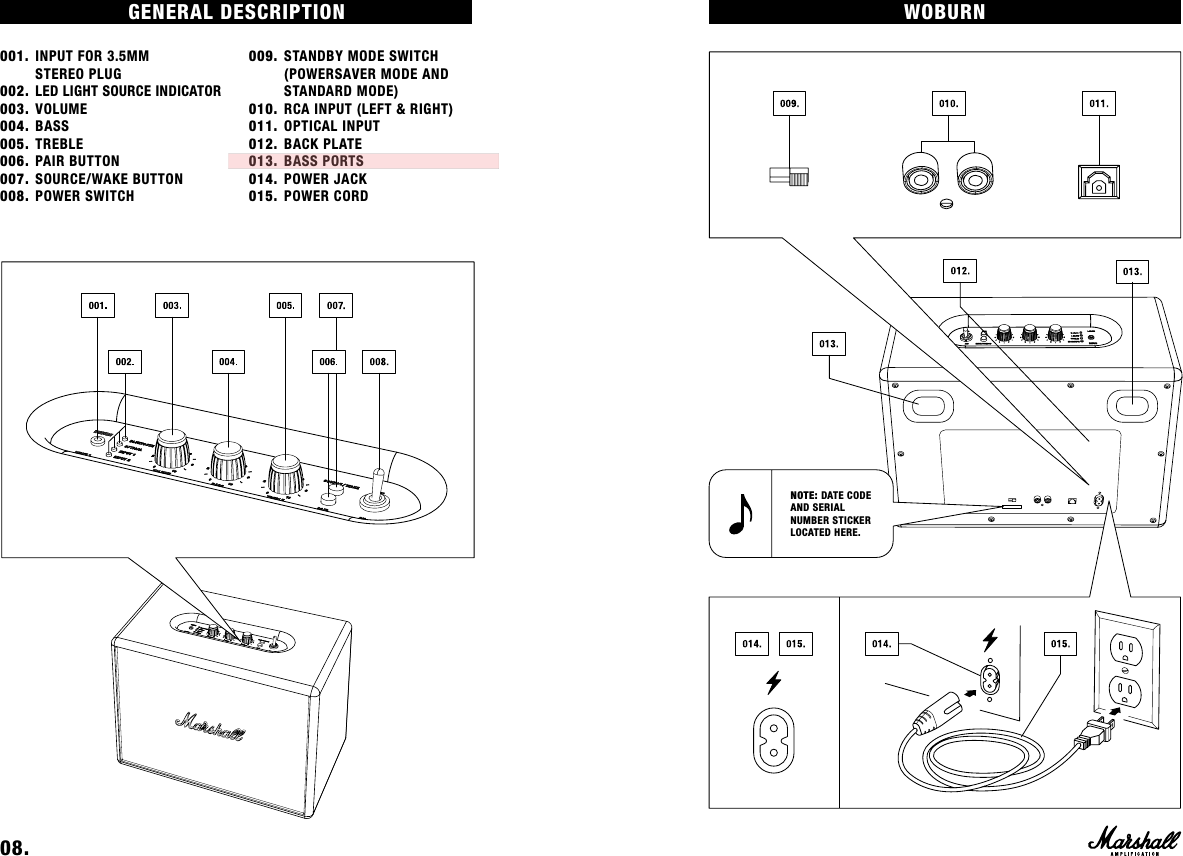 WOBURNNOTE: DATE CODE AND SERIAL  NUMBER STICKER  LOCATED HERE.GENERAL  DESCRIPTION                                                           001. INPUT FOR 3.5MM      STEREO PLUG002.  LED LIGHT SOURCE INDICATOR 003. VOLUME004. BASS 005. TREBLE 006. PAIR BUTTON007. SOURCE/WAKE BUTTON 008. POWER SWITCH009. STANDBY MODE SWITCH      (POWERSAVER MODE AND      STANDARD MODE)010. RCA INPUT (LEFT &amp; RIGHT)011. OPTICAL INPUT012.  BACK PLATE013. BASS PORTS014. POWER JACK015. POWER CORD08.    