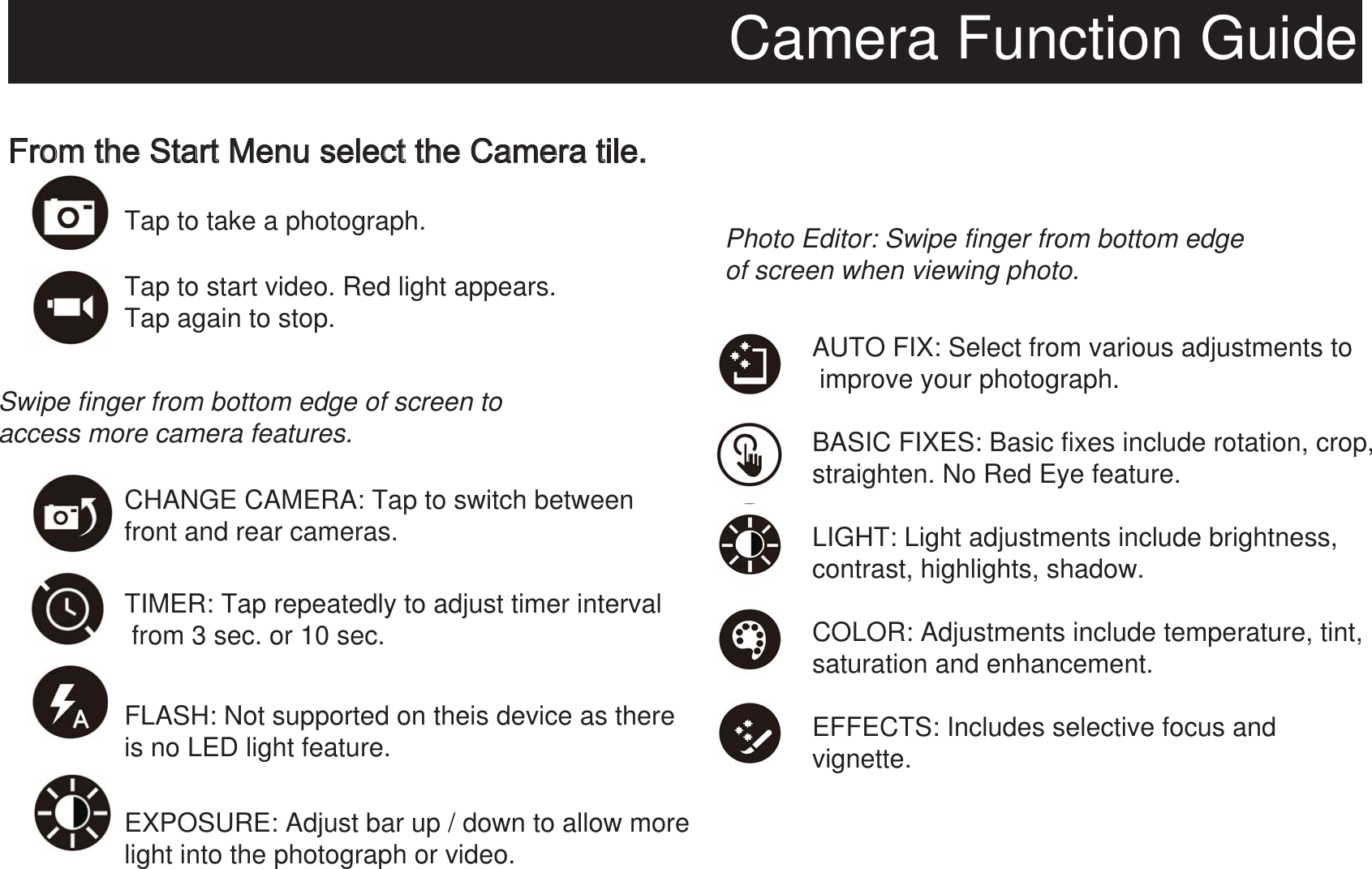 Camera Function GuideFrom the Start Menu select the Camera tile.  Tap to take a photograph.Tap to start video. Red light appears.Tap again to stop.Swipe finger from bottom edge of screen to access more camera features.Photo Editor: Swipe finger from bottom edge of screen when viewing photo. CHANGE CAMERA: Tap to switch between front and rear cameras.AUTO FIX: Select from various adjustments to improve your photograph.BASIC FIXES: Basic fixes include rotation, crop, straighten. No Red Eye feature.LIGHT: Light adjustments include brightness, contrast, highlights, shadow.COLOR: Adjustments include temperature, tint, saturation and enhancement.EFFECTS: Includes selective focus and vignette.TIMER: Tap repeatedly to adjust timer interval from 3 sec. or 10 sec.FLASH: Not supported on theis device as there is no LED light feature.EXPOSURE: Adjust bar up / down to allow morelight into the photograph or video.