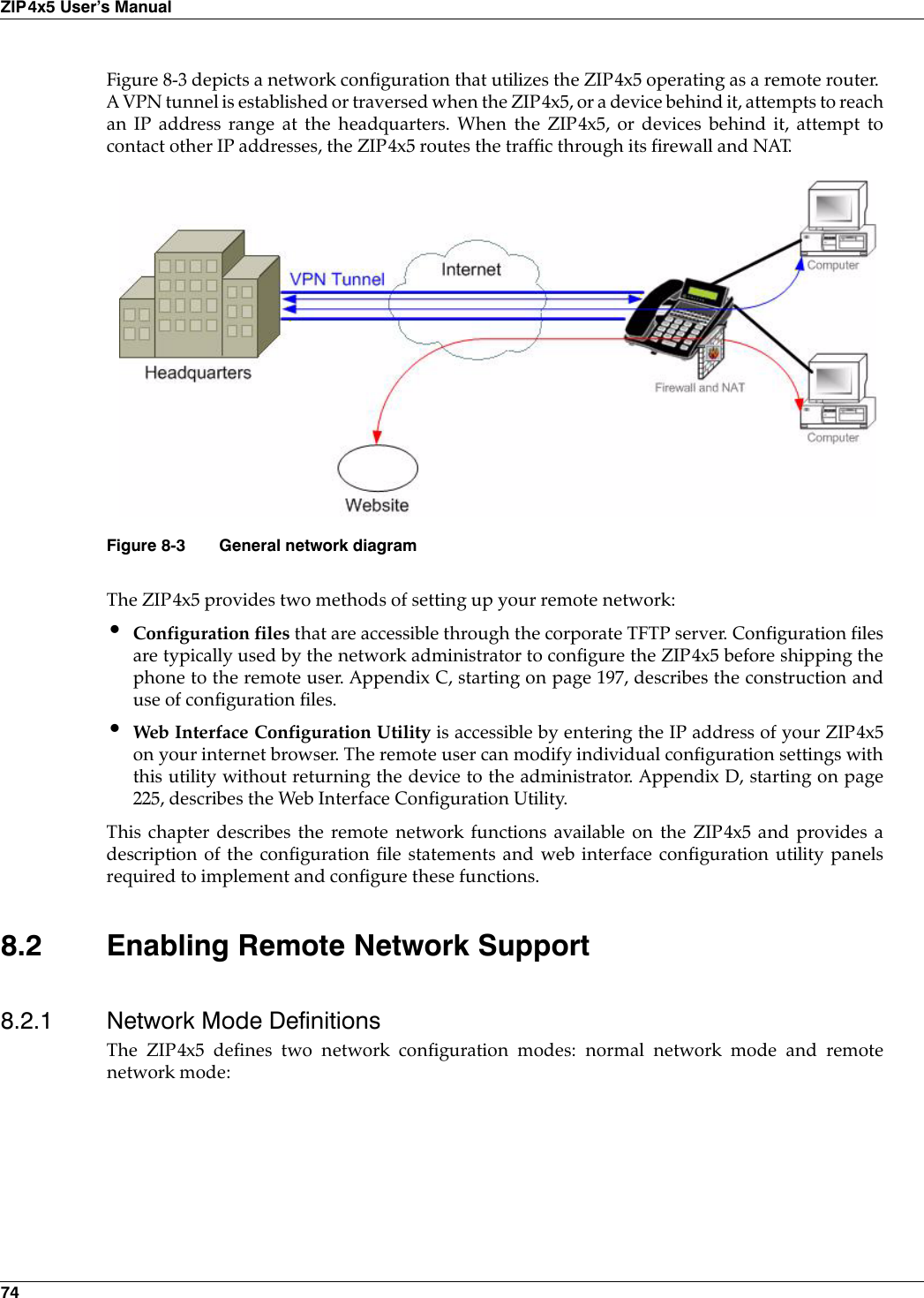 74ZIP4x5 User’s ManualFigure 8-3 depicts a network configuration that utilizes the ZIP4x5 operating as a remote router. A VPN tunnel is established or traversed when the ZIP4x5, or a device behind it, attempts to reachan IP address range at the headquarters. When the ZIP4x5, or devices behind it, attempt tocontact other IP addresses, the ZIP4x5 routes the traffic through its firewall and NAT.The ZIP4x5 provides two methods of setting up your remote network:•Configuration files that are accessible through the corporate TFTP server. Configuration filesare typically used by the network administrator to configure the ZIP4x5 before shipping thephone to the remote user. Appendix C, starting on page 197, describes the construction anduse of configuration files.•Web Interface Configuration Utility is accessible by entering the IP address of your ZIP4x5on your internet browser. The remote user can modify individual configuration settings withthis utility without returning the device to the administrator. Appendix D, starting on page225, describes the Web Interface Configuration Utility.This chapter describes the remote network functions available on the ZIP4x5 and provides adescription of the configuration file statements and web interface configuration utility panelsrequired to implement and configure these functions.8.2 Enabling Remote Network Support8.2.1 Network Mode DefinitionsThe ZIP4x5 defines two network configuration modes: normal network mode and remotenetwork mode:Figure 8-3 General network diagram