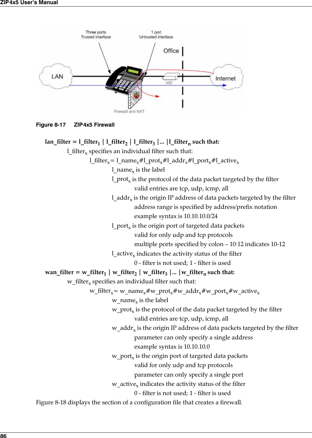 86ZIP4x5 User’s Manuallan_filter = l_filter1 | l_filter2 | l_filter3 |... |l_filtern such that:l_filterx specifies an individual filter such that:l_filterx= l_namex#l_protx#l_addrx#l_portx#l_activexl_namex is the labell_protx is the protocol of the data packet targeted by the filtervalid entries are tcp, udp, icmp, alll_addrx is the origin IP address of data packets targeted by the filteraddress range is specified by address/prefix notation example syntax is 10.10.10.0/24l_portx is the origin port of targeted data packetsvalid for only udp and tcp protocolsmultiple ports specified by colon – 10:12 indicates 10-12l_activex indicates the activity status of the filter0 - filter is not used; 1 - filter is usedwan_filter = w_filter1 | w_filter2 | w_filter3 |... |w_filtern such that:w_filterx specifies an individual filter such that:w_filterx= w_namex#w_protx#w_addrx#w_portx#w_activexw_namex is the labelw_protx is the protocol of the data packet targeted by the filtervalid entries are tcp, udp, icmp, allw_addrx is the origin IP address of data packets targeted by the filterparameter can only specify a single addressexample syntax is 10.10.10.0w_portx is the origin port of targeted data packetsvalid for only udp and tcp protocolsparameter can only specify a single portw_activex indicates the activity status of the filter0 - filter is not used; 1 - filter is usedFigure 8-18 displays the section of a configuration file that creates a firewall.Figure 8-17 ZIP4x5 Firewall