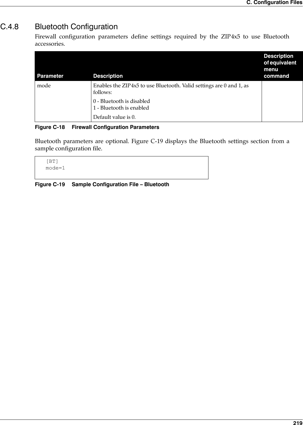 C. Configuration Files 219C.4.8 Bluetooth ConfigurationFirewall configuration parameters define settings required by the ZIP4x5 to use Bluetoothaccessories.Bluetooth parameters are optional. Figure C-19 displays the Bluetooth settings section from asample configuration file.Parameter DescriptionDescription of equivalent menu commandmode Enables the ZIP4x5 to use Bluetooth. Valid settings are 0 and 1, as follows:0 - Bluetooth is disabled1 - Bluetooth is enabledDefault value is 0.Figure C-18 Firewall Configuration Parameters[BT]mode=1Figure C-19 Sample Configuration File – Bluetooth