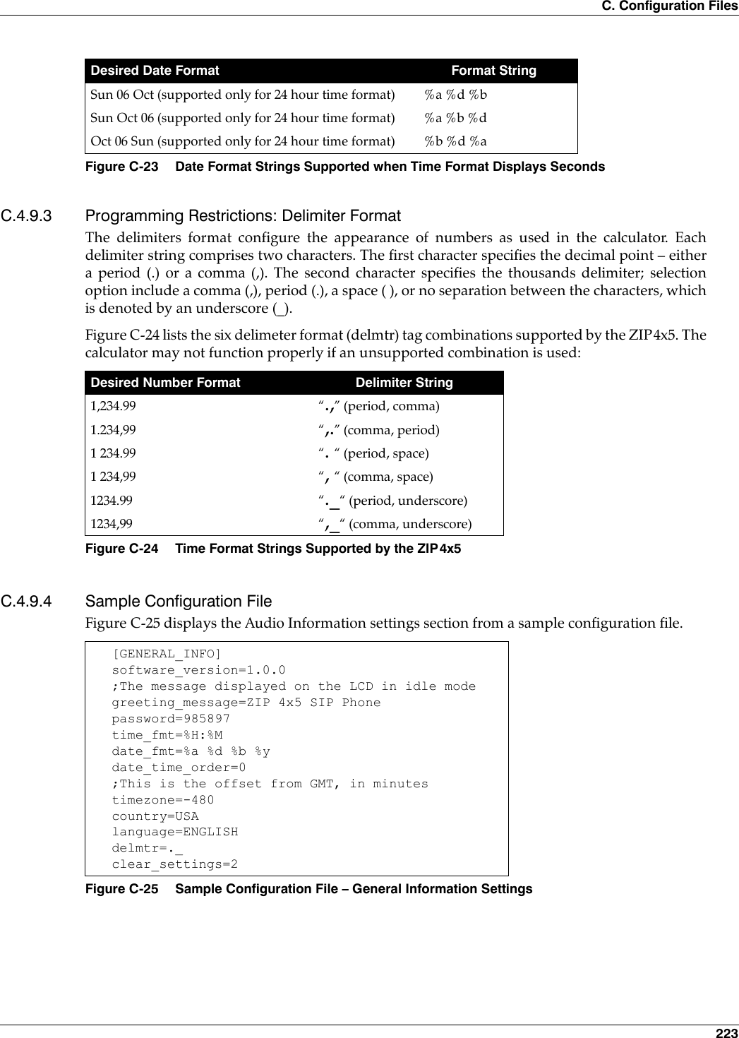 C. Configuration Files 223C.4.9.3 Programming Restrictions: Delimiter FormatThe delimiters format configure the appearance of numbers as used in the calculator. Eachdelimiter string comprises two characters. The first character specifies the decimal point – eithera period (.) or a comma (,). The second character specifies the thousands delimiter; selectionoption include a comma (,), period (.), a space ( ), or no separation between the characters, whichis denoted by an underscore (_).Figure C-24 lists the six delimeter format (delmtr) tag combinations supported by the ZIP4x5. Thecalculator may not function properly if an unsupported combination is used: C.4.9.4 Sample Configuration File Figure C-25 displays the Audio Information settings section from a sample configuration file.Sun 06 Oct (supported only for 24 hour time format) %a %d %bSun Oct 06 (supported only for 24 hour time format) %a %b %dOct 06 Sun (supported only for 24 hour time format) %b %d %aDesired Number Format Delimiter String1,234.99 “.,” (period, comma)1.234,99 “,.” (comma, period)1 234.99 “. “ (period, space)1 234,99 “, “ (comma, space)1234.99 “._“ (period, underscore)1234,99 “,_“ (comma, underscore)Figure C-24 Time Format Strings Supported by the ZIP4x5[GENERAL_INFO]software_version=1.0.0;The message displayed on the LCD in idle modegreeting_message=ZIP 4x5 SIP Phonepassword=985897time_fmt=%H:%Mdate_fmt=%a %d %b %ydate_time_order=0;This is the offset from GMT, in minutestimezone=-480country=USAlanguage=ENGLISHdelmtr=._clear_settings=2Figure C-25 Sample Configuration File – General Information SettingsDesired Date Format Format StringFigure C-23 Date Format Strings Supported when Time Format Displays Seconds