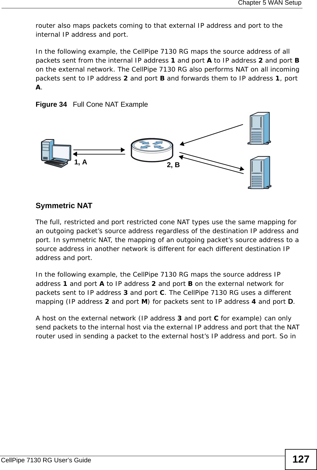  Chapter 5 WAN SetupCellPipe 7130 RG User’s Guide 127router also maps packets coming to that external IP address and port to the internal IP address and port.In the following example, the CellPipe 7130 RG maps the source address of all packets sent from the internal IP address 1 and port A to IP address 2 and port B on the external network. The CellPipe 7130 RG also performs NAT on all incoming packets sent to IP address 2 and port B and forwards them to IP address 1, port A.Figure 34   Full Cone NAT ExampleSymmetric NATThe full, restricted and port restricted cone NAT types use the same mapping for an outgoing packet’s source address regardless of the destination IP address and port. In symmetric NAT, the mapping of an outgoing packet’s source address to a source address in another network is different for each different destination IP address and port. In the following example, the CellPipe 7130 RG maps the source address IP address 1 and port A to IP address 2 and port B on the external network for packets sent to IP address 3 and port C. The CellPipe 7130 RG uses a different mapping (IP address 2 and port M) for packets sent to IP address 4 and port D. A host on the external network (IP address 3 and port C for example) can only send packets to the internal host via the external IP address and port that the NAT router used in sending a packet to the external host’s IP address and port. So in 2, B1, A