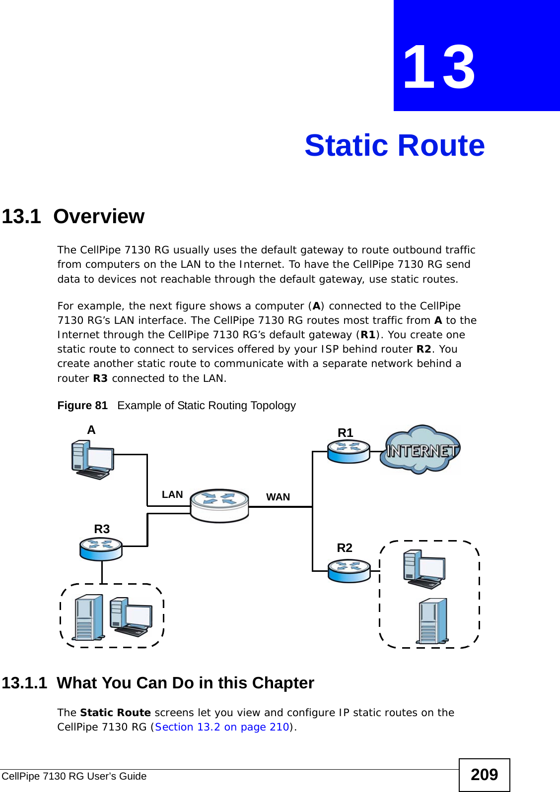 CellPipe 7130 RG User’s Guide 209CHAPTER  13 Static Route13.1  Overview   The CellPipe 7130 RG usually uses the default gateway to route outbound traffic from computers on the LAN to the Internet. To have the CellPipe 7130 RG send data to devices not reachable through the default gateway, use static routes.For example, the next figure shows a computer (A) connected to the CellPipe 7130 RG’s LAN interface. The CellPipe 7130 RG routes most traffic from A to the Internet through the CellPipe 7130 RG’s default gateway (R1). You create one static route to connect to services offered by your ISP behind router R2. You create another static route to communicate with a separate network behind a router R3 connected to the LAN.Figure 81   Example of Static Routing Topology13.1.1  What You Can Do in this ChapterThe Static Route screens let you view and configure IP static routes on the CellPipe 7130 RG (Section 13.2 on page 210).WANR1R2AR3LAN