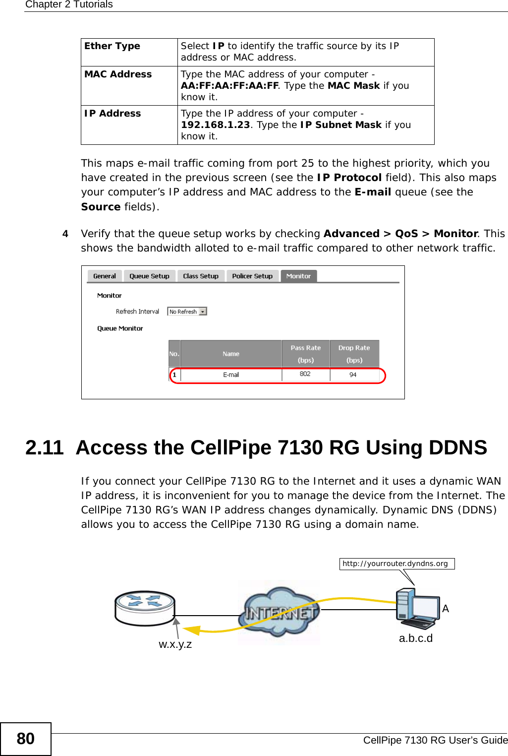 Chapter 2 TutorialsCellPipe 7130 RG User’s Guide80This maps e-mail traffic coming from port 25 to the highest priority, which you have created in the previous screen (see the IP Protocol field). This also maps your computer’s IP address and MAC address to the E-mail queue (see the Source fields). 4Verify that the queue setup works by checking Advanced &gt; QoS &gt; Monitor. This shows the bandwidth alloted to e-mail traffic compared to other network traffic.Tutorial: Advanced &gt; QoS &gt; Monitor2.11  Access the CellPipe 7130 RG Using DDNSIf you connect your CellPipe 7130 RG to the Internet and it uses a dynamic WAN IP address, it is inconvenient for you to manage the device from the Internet. The CellPipe 7130 RG’s WAN IP address changes dynamically. Dynamic DNS (DDNS) allows you to access the CellPipe 7130 RG using a domain name. Ether Type Select IP to identify the traffic source by its IP address or MAC address.MAC Address Type the MAC address of your computer - AA:FF:AA:FF:AA:FF. Type the MAC Mask if you know it.IP Address Type the IP address of your computer - 192.168.1.23. Type the IP Subnet Mask if you know it.w.x.y.z a.b.c.dhttp://yourrouter.dyndns.orgA