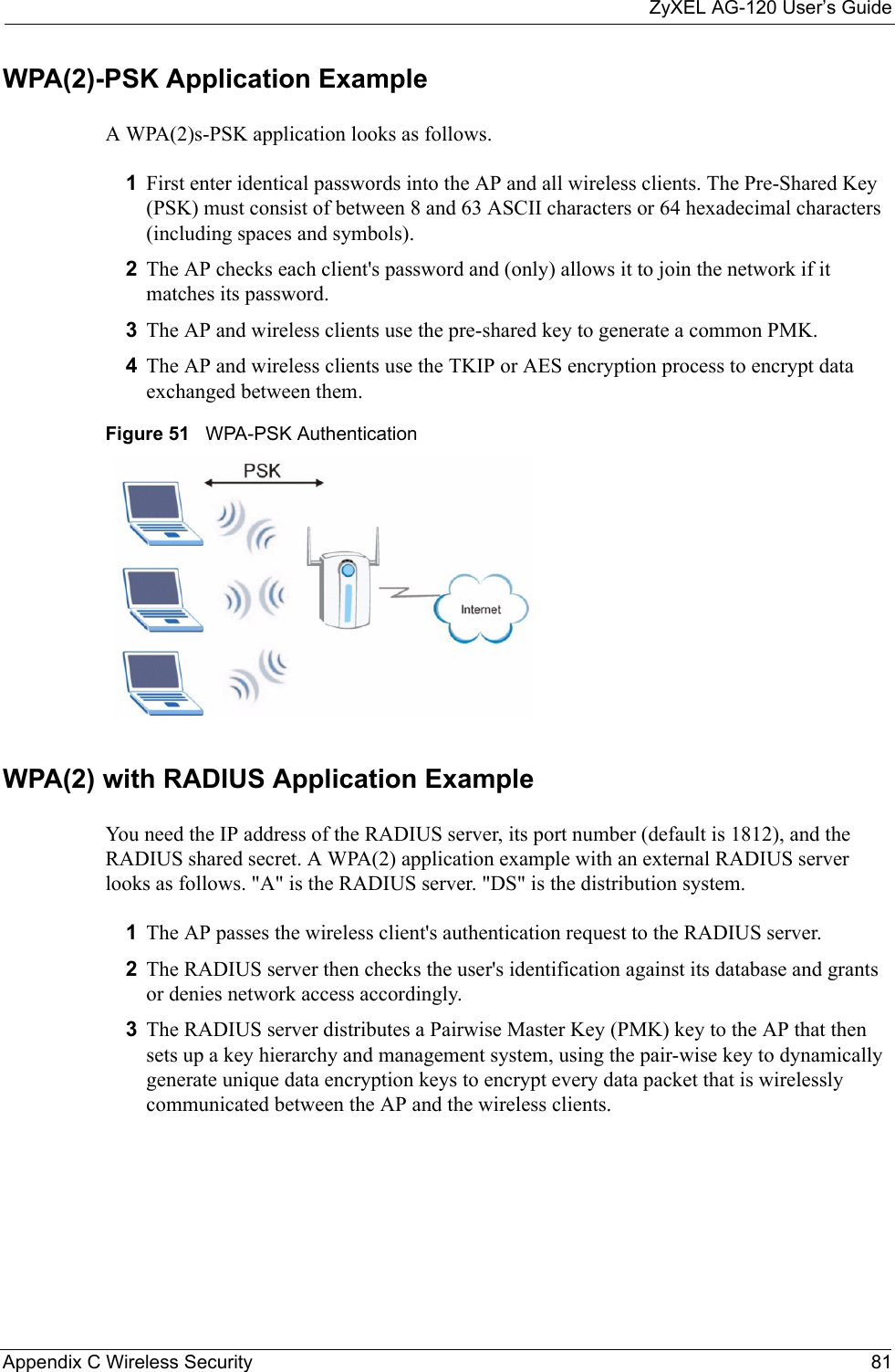 ZyXEL AG-120 User’s GuideAppendix C Wireless Security 81WPA(2)-PSK Application ExampleA WPA(2)s-PSK application looks as follows.1First enter identical passwords into the AP and all wireless clients. The Pre-Shared Key (PSK) must consist of between 8 and 63 ASCII characters or 64 hexadecimal characters (including spaces and symbols).2The AP checks each client&apos;s password and (only) allows it to join the network if it matches its password.3The AP and wireless clients use the pre-shared key to generate a common PMK.4The AP and wireless clients use the TKIP or AES encryption process to encrypt data exchanged between them.Figure 51   WPA-PSK AuthenticationWPA(2) with RADIUS Application ExampleYou need the IP address of the RADIUS server, its port number (default is 1812), and the RADIUS shared secret. A WPA(2) application example with an external RADIUS server looks as follows. &quot;A&quot; is the RADIUS server. &quot;DS&quot; is the distribution system.1The AP passes the wireless client&apos;s authentication request to the RADIUS server.2The RADIUS server then checks the user&apos;s identification against its database and grants or denies network access accordingly.3The RADIUS server distributes a Pairwise Master Key (PMK) key to the AP that then sets up a key hierarchy and management system, using the pair-wise key to dynamically generate unique data encryption keys to encrypt every data packet that is wirelessly communicated between the AP and the wireless clients.