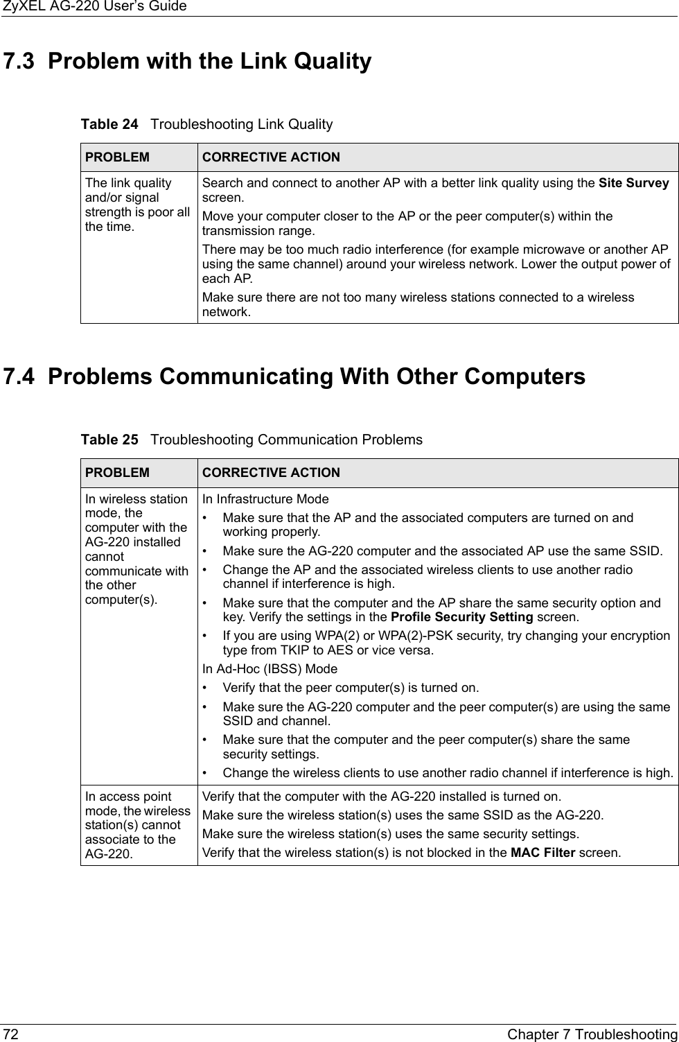 ZyXEL AG-220 User’s Guide72 Chapter 7 Troubleshooting7.3  Problem with the Link Quality7.4  Problems Communicating With Other ComputersTable 24   Troubleshooting Link Quality PROBLEM CORRECTIVE ACTIONThe link quality and/or signal strength is poor all the time.Search and connect to another AP with a better link quality using the Site Survey screen.Move your computer closer to the AP or the peer computer(s) within the transmission range.There may be too much radio interference (for example microwave or another AP using the same channel) around your wireless network. Lower the output power of each AP.Make sure there are not too many wireless stations connected to a wireless network.Table 25   Troubleshooting Communication Problems PROBLEM CORRECTIVE ACTIONIn wireless station mode, the computer with the AG-220 installed cannot communicate with the other computer(s).In Infrastructure Mode• Make sure that the AP and the associated computers are turned on and working properly.  • Make sure the AG-220 computer and the associated AP use the same SSID.• Change the AP and the associated wireless clients to use another radio channel if interference is high.• Make sure that the computer and the AP share the same security option and key. Verify the settings in the Profile Security Setting screen.• If you are using WPA(2) or WPA(2)-PSK security, try changing your encryption type from TKIP to AES or vice versa.In Ad-Hoc (IBSS) Mode• Verify that the peer computer(s) is turned on.• Make sure the AG-220 computer and the peer computer(s) are using the same SSID and channel.• Make sure that the computer and the peer computer(s) share the same security settings.• Change the wireless clients to use another radio channel if interference is high.In access point mode, the wireless station(s) cannot associate to the AG-220.Verify that the computer with the AG-220 installed is turned on.Make sure the wireless station(s) uses the same SSID as the AG-220.Make sure the wireless station(s) uses the same security settings.Verify that the wireless station(s) is not blocked in the MAC Filter screen.