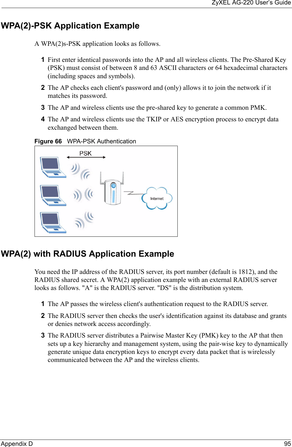 ZyXEL AG-220 User’s GuideAppendix D 95WPA(2)-PSK Application ExampleA WPA(2)s-PSK application looks as follows.1First enter identical passwords into the AP and all wireless clients. The Pre-Shared Key (PSK) must consist of between 8 and 63 ASCII characters or 64 hexadecimal characters (including spaces and symbols).2The AP checks each client&apos;s password and (only) allows it to join the network if it matches its password.3The AP and wireless clients use the pre-shared key to generate a common PMK.4The AP and wireless clients use the TKIP or AES encryption process to encrypt data exchanged between them.Figure 66   WPA-PSK AuthenticationWPA(2) with RADIUS Application ExampleYou need the IP address of the RADIUS server, its port number (default is 1812), and the RADIUS shared secret. A WPA(2) application example with an external RADIUS server looks as follows. &quot;A&quot; is the RADIUS server. &quot;DS&quot; is the distribution system.1The AP passes the wireless client&apos;s authentication request to the RADIUS server.2The RADIUS server then checks the user&apos;s identification against its database and grants or denies network access accordingly.3The RADIUS server distributes a Pairwise Master Key (PMK) key to the AP that then sets up a key hierarchy and management system, using the pair-wise key to dynamically generate unique data encryption keys to encrypt every data packet that is wirelessly communicated between the AP and the wireless clients.