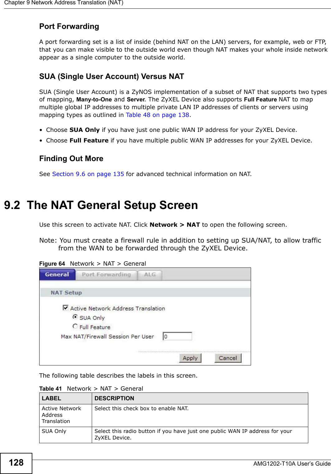 Chapter 9 Network Address Translation (NAT)AMG1202-T10A User’s Guide128Port ForwardingA port forwarding set is a list of inside (behind NAT on the LAN) servers, for example, web or FTP, that you can make visible to the outside world even though NAT makes your whole inside network appear as a single computer to the outside world.SUA (Single User Account) Versus NATSUA (Single User Account) is a ZyNOS implementation of a subset of NAT that supports two types of mapping, Many-to-One and Server. The ZyXEL Device also supports Full Feature NAT to map multiple global IP addresses to multiple private LAN IP addresses of clients or servers using mapping types as outlined in Table 48 on page 138. • Choose SUA Only if you have just one public WAN IP address for your ZyXEL Device.• Choose Full Feature if you have multiple public WAN IP addresses for your ZyXEL Device.Finding Out MoreSee Section 9.6 on page 135 for advanced technical information on NAT.9.2  The NAT General Setup ScreenUse this screen to activate NAT. Click Network &gt; NAT to open the following screen.Note: You must create a firewall rule in addition to setting up SUA/NAT, to allow traffic from the WAN to be forwarded through the ZyXEL Device.Figure 64   Network &gt; NAT &gt; GeneralThe following table describes the labels in this screen.Table 41   Network &gt; NAT &gt; GeneralLABEL DESCRIPTIONActive Network Address Translation Select this check box to enable NAT.SUA Only Select this radio button if you have just one public WAN IP address for your ZyXEL Device.