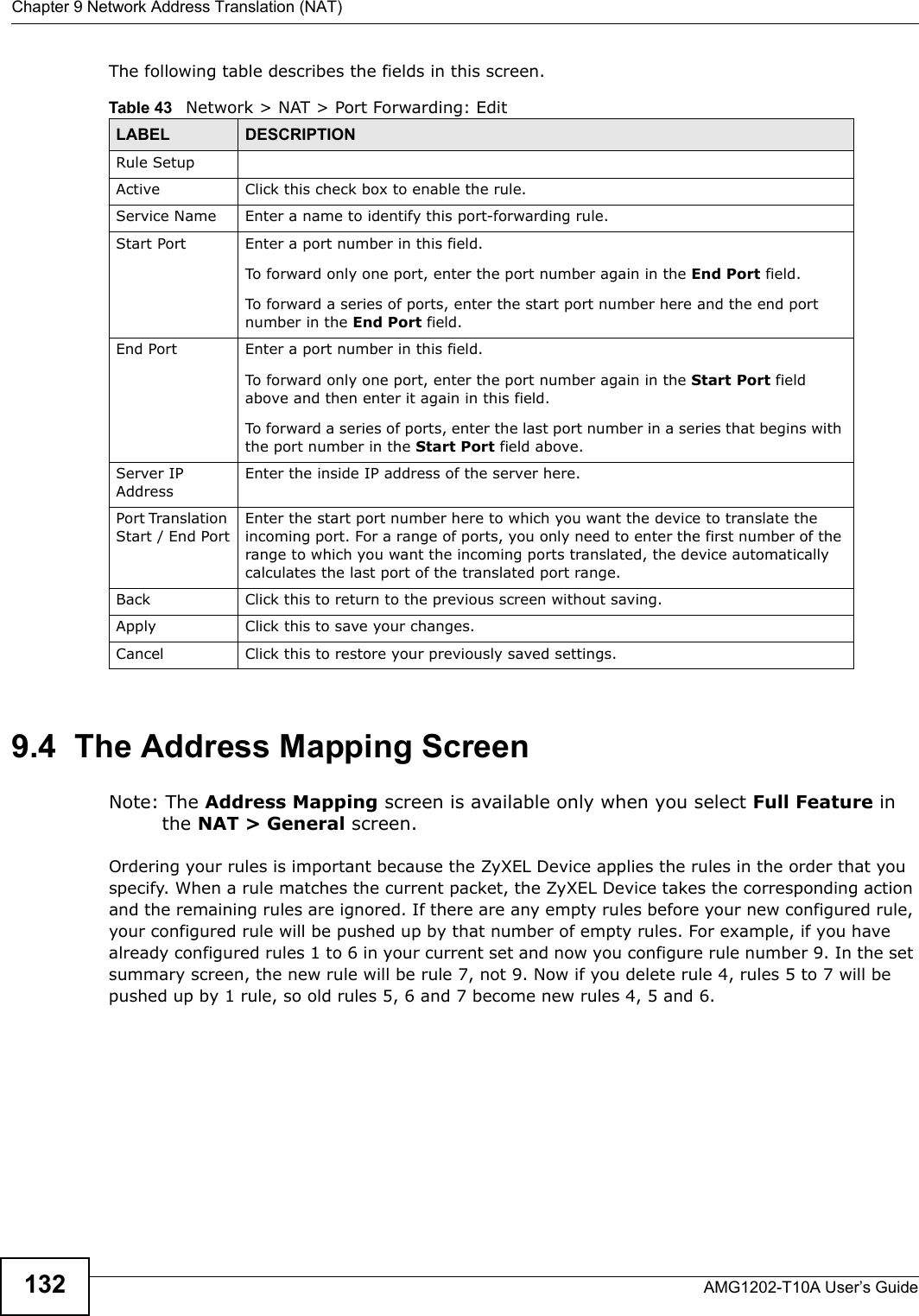 Chapter 9 Network Address Translation (NAT)AMG1202-T10A User’s Guide132The following table describes the fields in this screen.9.4  The Address Mapping ScreenNote: The Address Mapping screen is available only when you select Full Feature in the NAT &gt; General screen.Ordering your rules is important because the ZyXEL Device applies the rules in the order that you specify. When a rule matches the current packet, the ZyXEL Device takes the corresponding action and the remaining rules are ignored. If there are any empty rules before your new configured rule, your configured rule will be pushed up by that number of empty rules. For example, if you have already configured rules 1 to 6 in your current set and now you configure rule number 9. In the set summary screen, the new rule will be rule 7, not 9. Now if you delete rule 4, rules 5 to 7 will be pushed up by 1 rule, so old rules 5, 6 and 7 become new rules 4, 5 and 6. Table 43   Network &gt; NAT &gt; Port Forwarding: Edit LABEL DESCRIPTIONRule SetupActive Click this check box to enable the rule.Service Name Enter a name to identify this port-forwarding rule.Start Port  Enter a port number in this field. To forward only one port, enter the port number again in the End Port field. To forward a series of ports, enter the start port number here and the end port number in the End Port field.End Port  Enter a port number in this field. To forward only one port, enter the port number again in the Start Port field above and then enter it again in this field. To forward a series of ports, enter the last port number in a series that begins with the port number in the Start Port field above.Server IP AddressEnter the inside IP address of the server here.Port Translation Start / End PortEnter the start port number here to which you want the device to translate the incoming port. For a range of ports, you only need to enter the first number of the range to which you want the incoming ports translated, the device automatically calculates the last port of the translated port range.Back Click this to return to the previous screen without saving.Apply Click this to save your changes.Cancel Click this to restore your previously saved settings.