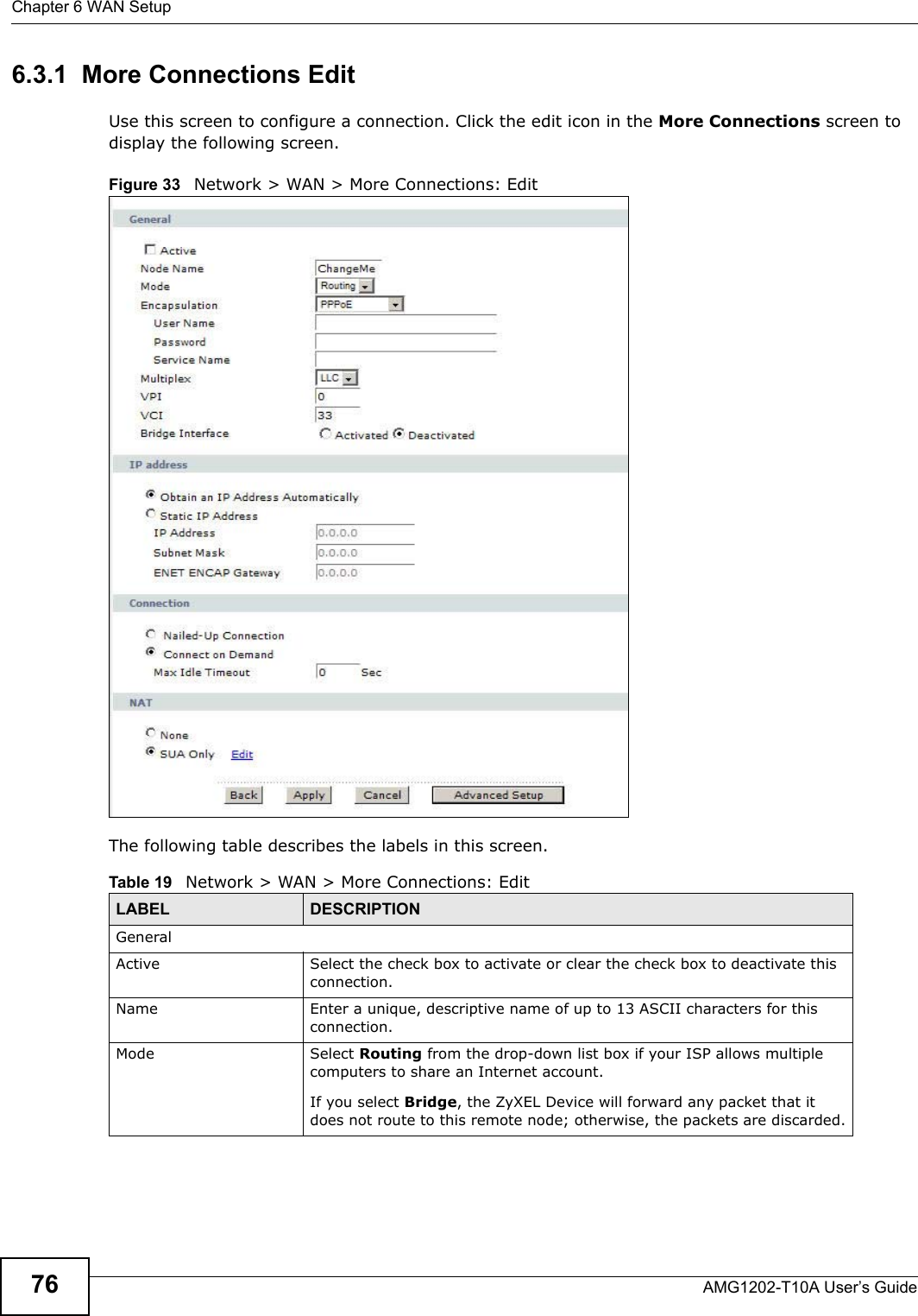 Chapter 6 WAN SetupAMG1202-T10A User’s Guide766.3.1  More Connections EditUse this screen to configure a connection. Click the edit icon in the More Connections screen to display the following screen.Figure 33   Network &gt; WAN &gt; More Connections: EditThe following table describes the labels in this screen.      Table 19   Network &gt; WAN &gt; More Connections: EditLABEL DESCRIPTIONGeneralActive Select the check box to activate or clear the check box to deactivate this connection.Name Enter a unique, descriptive name of up to 13 ASCII characters for this connection.Mode Select Routing from the drop-down list box if your ISP allows multiple computers to share an Internet account. If you select Bridge, the ZyXEL Device will forward any packet that it does not route to this remote node; otherwise, the packets are discarded.