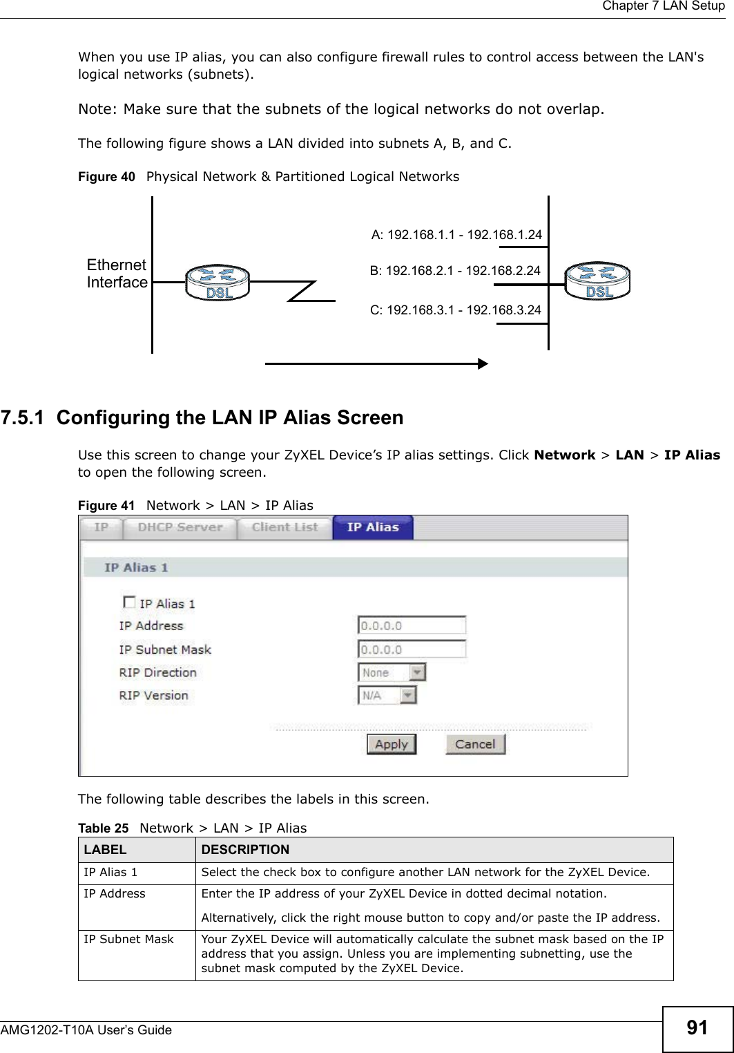  Chapter 7 LAN SetupAMG1202-T10A User’s Guide 91When you use IP alias, you can also configure firewall rules to control access between the LAN&apos;s logical networks (subnets).Note: Make sure that the subnets of the logical networks do not overlap.The following figure shows a LAN divided into subnets A, B, and C.Figure 40   Physical Network &amp; Partitioned Logical Networks7.5.1  Configuring the LAN IP Alias ScreenUse this screen to change your ZyXEL Device’s IP alias settings. Click Network &gt; LAN &gt; IP Alias to open the following screen.Figure 41   Network &gt; LAN &gt; IP AliasThe following table describes the labels in this screen. EthernetInterfaceA: 192.168.1.1 - 192.168.1.24B: 192.168.2.1 - 192.168.2.24C: 192.168.3.1 - 192.168.3.24Table 25   Network &gt; LAN &gt; IP Alias LABEL DESCRIPTIONIP Alias 1 Select the check box to configure another LAN network for the ZyXEL Device.IP Address Enter the IP address of your ZyXEL Device in dotted decimal notation. Alternatively, click the right mouse button to copy and/or paste the IP address.IP Subnet Mask Your ZyXEL Device will automatically calculate the subnet mask based on the IP address that you assign. Unless you are implementing subnetting, use the subnet mask computed by the ZyXEL Device.