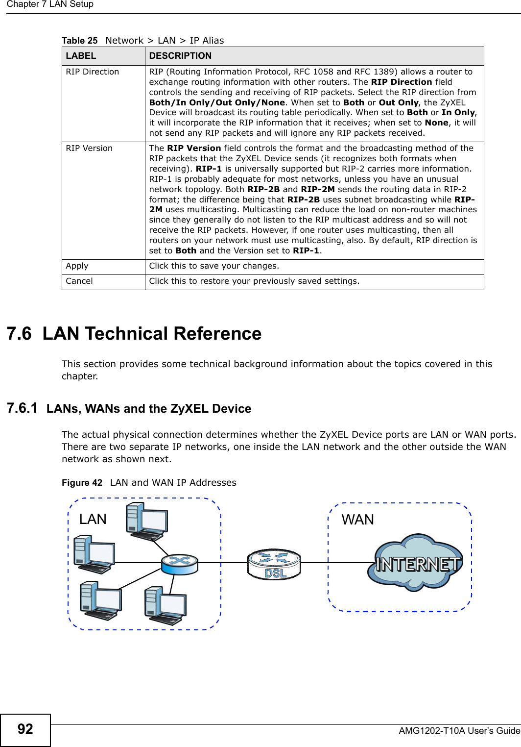 Chapter 7 LAN SetupAMG1202-T10A User’s Guide927.6  LAN Technical ReferenceThis section provides some technical background information about the topics covered in this chapter.7.6.1  LANs, WANs and the ZyXEL DeviceThe actual physical connection determines whether the ZyXEL Device ports are LAN or WAN ports. There are two separate IP networks, one inside the LAN network and the other outside the WAN network as shown next.Figure 42   LAN and WAN IP AddressesRIP Direction RIP (Routing Information Protocol, RFC 1058 and RFC 1389) allows a router to exchange routing information with other routers. The RIP Direction field controls the sending and receiving of RIP packets. Select the RIP direction from Both/In Only/Out Only/None. When set to Both or Out Only, the ZyXEL Device will broadcast its routing table periodically. When set to Both or In Only, it will incorporate the RIP information that it receives; when set to None, it will not send any RIP packets and will ignore any RIP packets received.RIP Version The RIP Version field controls the format and the broadcasting method of the RIP packets that the ZyXEL Device sends (it recognizes both formats when receiving). RIP-1 is universally supported but RIP-2 carries more information. RIP-1 is probably adequate for most networks, unless you have an unusual network topology. Both RIP-2B and RIP-2M sends the routing data in RIP-2 format; the difference being that RIP-2B uses subnet broadcasting while RIP-2M uses multicasting. Multicasting can reduce the load on non-router machines since they generally do not listen to the RIP multicast address and so will not receive the RIP packets. However, if one router uses multicasting, then all routers on your network must use multicasting, also. By default, RIP direction is set to Both and the Version set to RIP-1.Apply Click this to save your changes.Cancel Click this to restore your previously saved settings.Table 25   Network &gt; LAN &gt; IP Alias LABEL DESCRIPTIONWANLAN