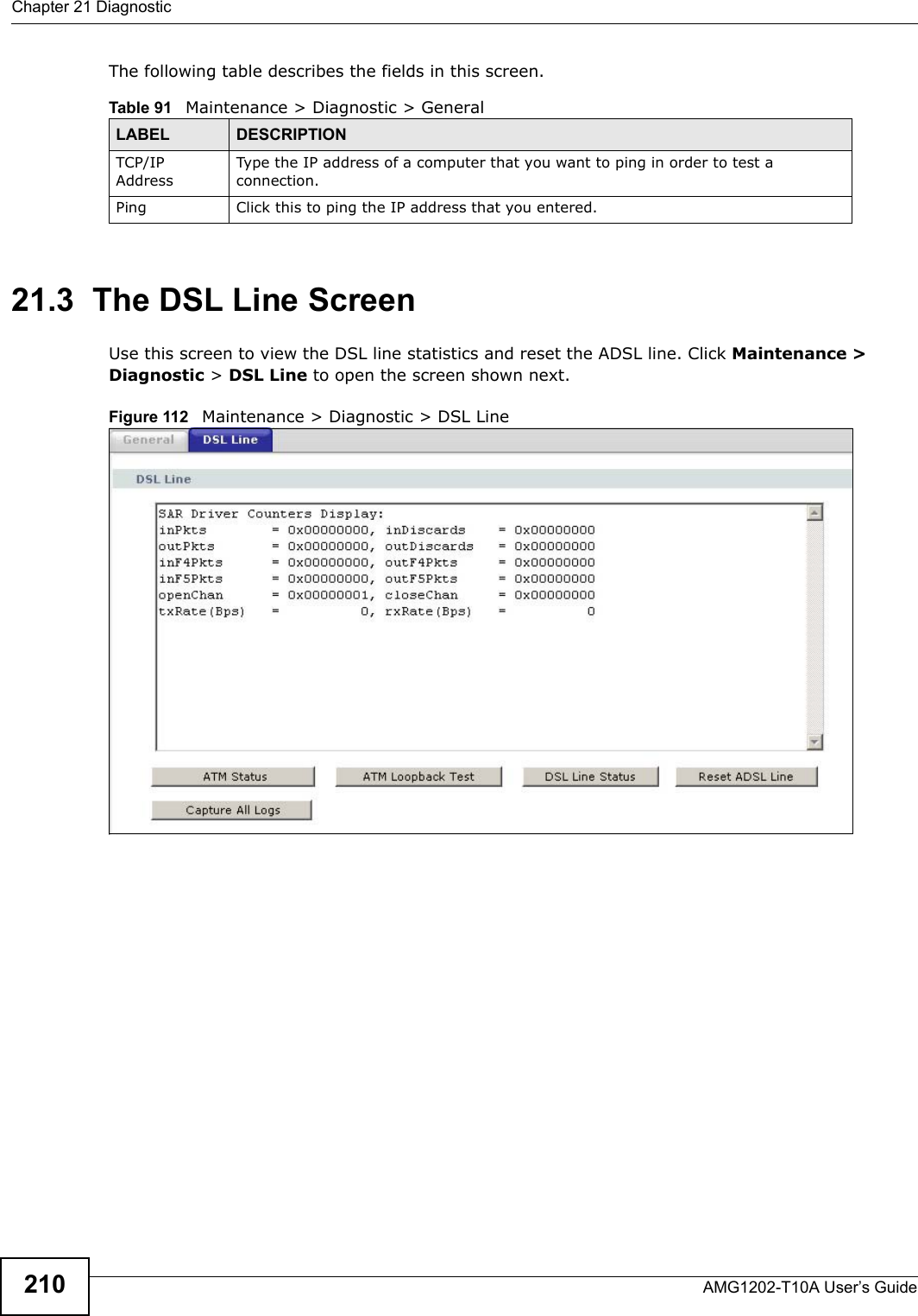 Chapter 21 DiagnosticAMG1202-T10A User’s Guide210The following table describes the fields in this screen. 21.3  The DSL Line Screen Use this screen to view the DSL line statistics and reset the ADSL line. Click Maintenance &gt; Diagnostic &gt; DSL Line to open the screen shown next.Figure 112   Maintenance &gt; Diagnostic &gt; DSL LineTable 91   Maintenance &gt; Diagnostic &gt; GeneralLABEL DESCRIPTIONTCP/IP AddressType the IP address of a computer that you want to ping in order to test a connection.Ping Click this to ping the IP address that you entered.