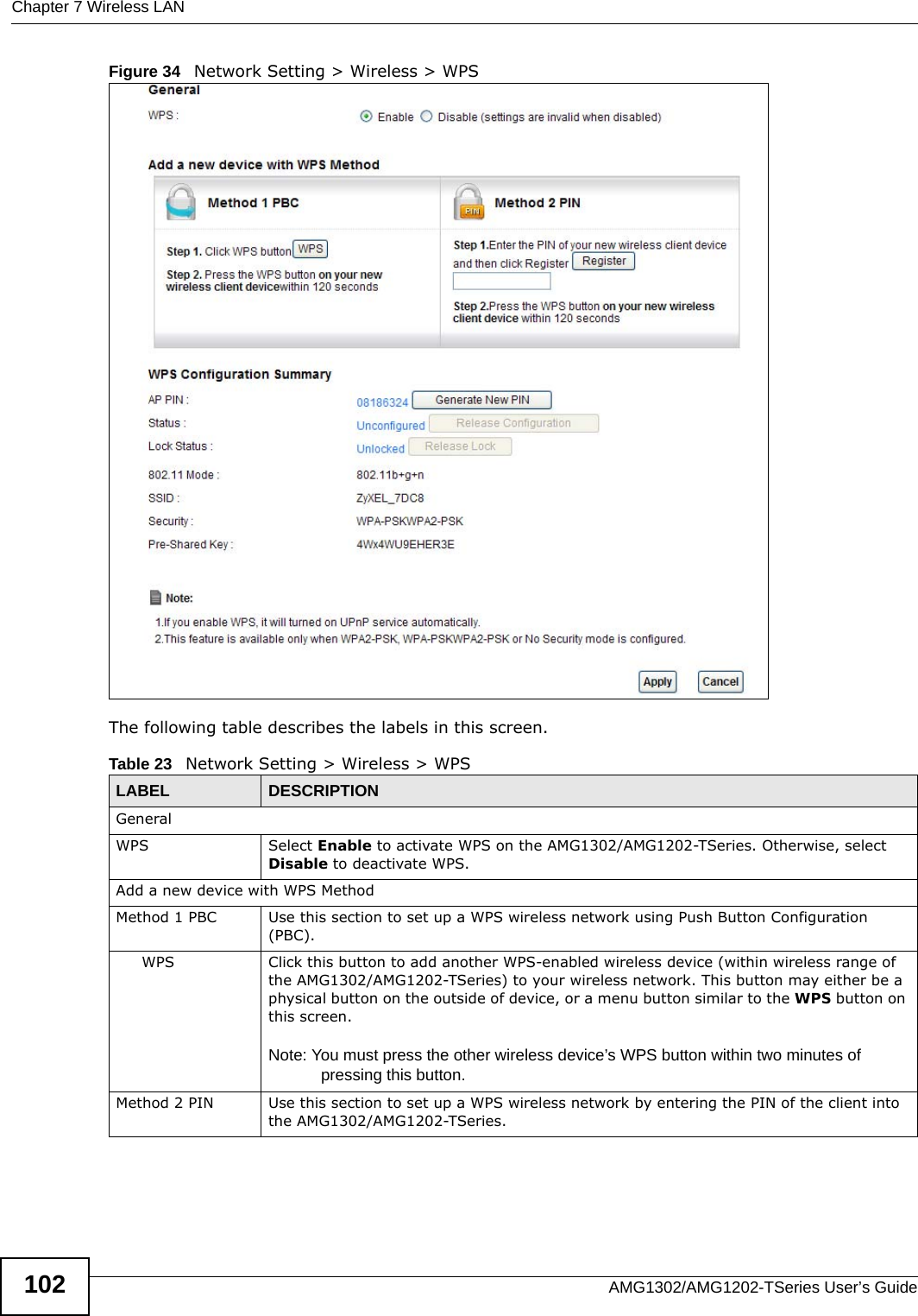 Chapter 7 Wireless LANAMG1302/AMG1202-TSeries User’s Guide102Figure 34   Network Setting &gt; Wireless &gt; WPSThe following table describes the labels in this screen.Table 23   Network Setting &gt; Wireless &gt; WPSLABEL DESCRIPTIONGeneralWPS Select Enable to activate WPS on the AMG1302/AMG1202-TSeries. Otherwise, select Disable to deactivate WPS.Add a new device with WPS MethodMethod 1 PBC Use this section to set up a WPS wireless network using Push Button Configuration (PBC).WPS Click this button to add another WPS-enabled wireless device (within wireless range of the AMG1302/AMG1202-TSeries) to your wireless network. This button may either be a physical button on the outside of device, or a menu button similar to the WPS button on this screen.Note: You must press the other wireless device’s WPS button within two minutes of pressing this button.Method 2 PIN Use this section to set up a WPS wireless network by entering the PIN of the client into the AMG1302/AMG1202-TSeries.