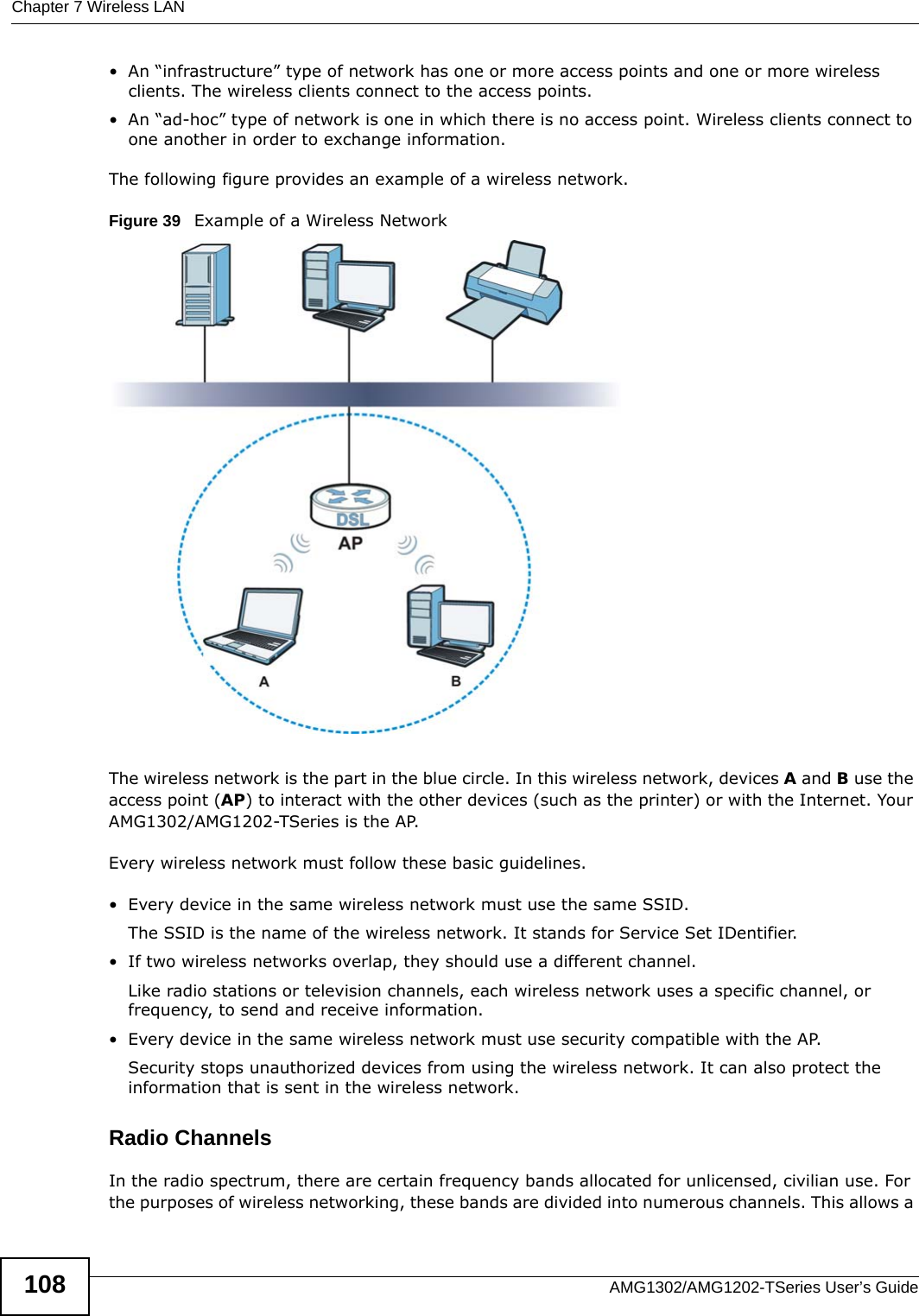 Chapter 7 Wireless LANAMG1302/AMG1202-TSeries User’s Guide108• An “infrastructure” type of network has one or more access points and one or more wireless clients. The wireless clients connect to the access points.• An “ad-hoc” type of network is one in which there is no access point. Wireless clients connect to one another in order to exchange information.The following figure provides an example of a wireless network.Figure 39   Example of a Wireless NetworkThe wireless network is the part in the blue circle. In this wireless network, devices A and B use the access point (AP) to interact with the other devices (such as the printer) or with the Internet. Your AMG1302/AMG1202-TSeries is the AP.Every wireless network must follow these basic guidelines.• Every device in the same wireless network must use the same SSID.The SSID is the name of the wireless network. It stands for Service Set IDentifier.• If two wireless networks overlap, they should use a different channel.Like radio stations or television channels, each wireless network uses a specific channel, or frequency, to send and receive information.• Every device in the same wireless network must use security compatible with the AP.Security stops unauthorized devices from using the wireless network. It can also protect the information that is sent in the wireless network.Radio ChannelsIn the radio spectrum, there are certain frequency bands allocated for unlicensed, civilian use. For the purposes of wireless networking, these bands are divided into numerous channels. This allows a 