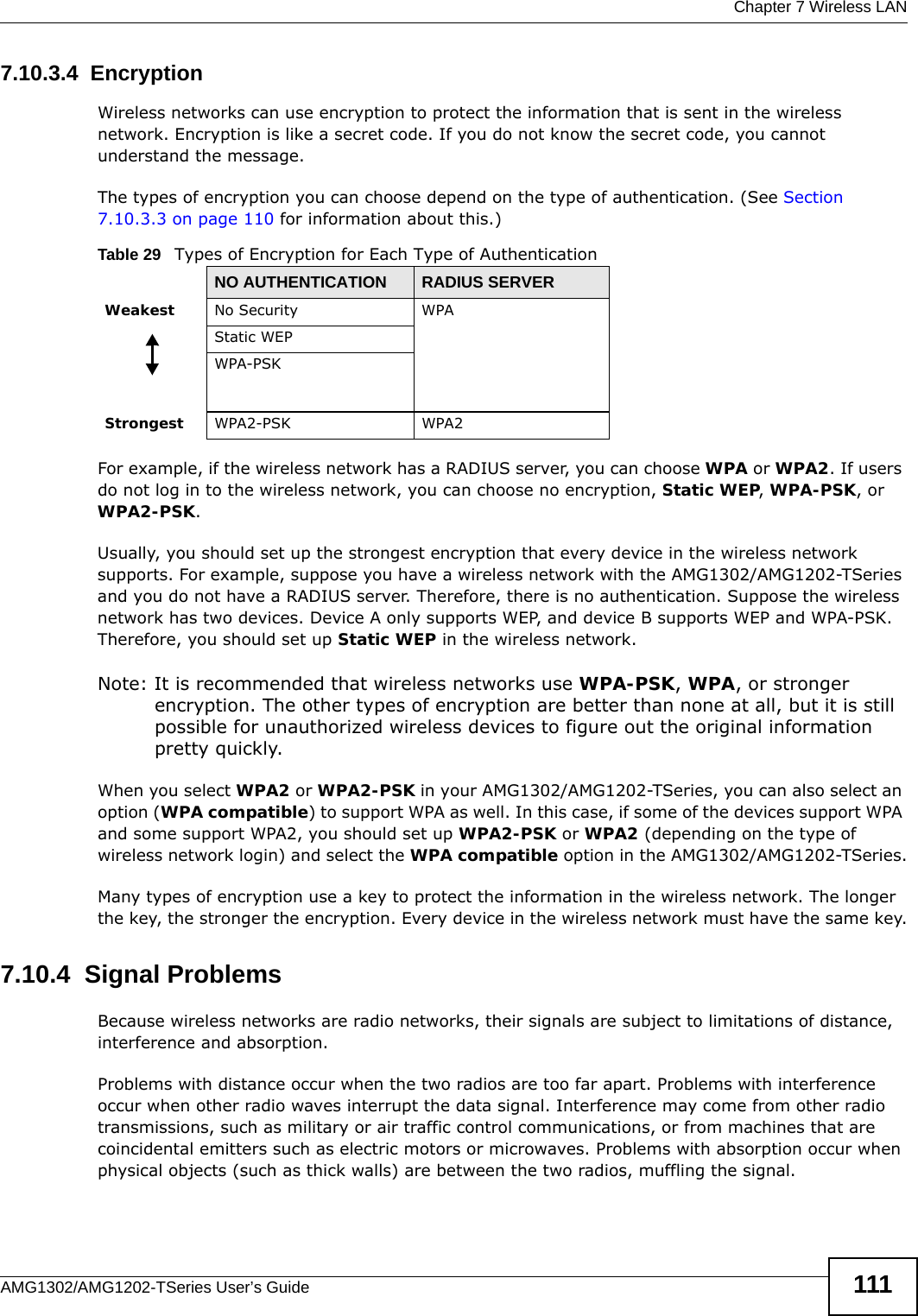  Chapter 7 Wireless LANAMG1302/AMG1202-TSeries User’s Guide 1117.10.3.4  EncryptionWireless networks can use encryption to protect the information that is sent in the wireless network. Encryption is like a secret code. If you do not know the secret code, you cannot understand the message.The types of encryption you can choose depend on the type of authentication. (See Section 7.10.3.3 on page 110 for information about this.)For example, if the wireless network has a RADIUS server, you can choose WPA or WPA2. If users do not log in to the wireless network, you can choose no encryption, Static WEP, WPA-PSK, or WPA2-PSK.Usually, you should set up the strongest encryption that every device in the wireless network supports. For example, suppose you have a wireless network with the AMG1302/AMG1202-TSeries and you do not have a RADIUS server. Therefore, there is no authentication. Suppose the wireless network has two devices. Device A only supports WEP, and device B supports WEP and WPA-PSK. Therefore, you should set up Static WEP in the wireless network.Note: It is recommended that wireless networks use WPA-PSK, WPA, or stronger encryption. The other types of encryption are better than none at all, but it is still possible for unauthorized wireless devices to figure out the original information pretty quickly.When you select WPA2 or WPA2-PSK in your AMG1302/AMG1202-TSeries, you can also select an option (WPA compatible) to support WPA as well. In this case, if some of the devices support WPA and some support WPA2, you should set up WPA2-PSK or WPA2 (depending on the type of wireless network login) and select the WPA compatible option in the AMG1302/AMG1202-TSeries.Many types of encryption use a key to protect the information in the wireless network. The longer the key, the stronger the encryption. Every device in the wireless network must have the same key.7.10.4  Signal ProblemsBecause wireless networks are radio networks, their signals are subject to limitations of distance, interference and absorption.Problems with distance occur when the two radios are too far apart. Problems with interference occur when other radio waves interrupt the data signal. Interference may come from other radio transmissions, such as military or air traffic control communications, or from machines that are coincidental emitters such as electric motors or microwaves. Problems with absorption occur when physical objects (such as thick walls) are between the two radios, muffling the signal.Table 29   Types of Encryption for Each Type of AuthenticationNO AUTHENTICATION RADIUS SERVERWeakest No Security WPAStatic WEPWPA-PSKStrongest WPA2-PSK WPA2