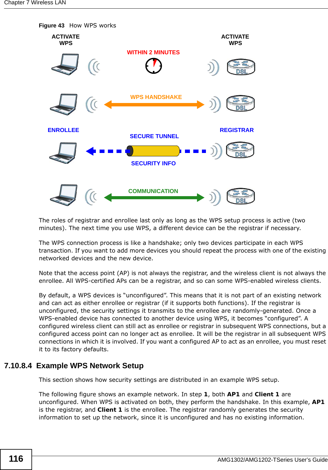 Chapter 7 Wireless LANAMG1302/AMG1202-TSeries User’s Guide116Figure 43   How WPS worksThe roles of registrar and enrollee last only as long as the WPS setup process is active (two minutes). The next time you use WPS, a different device can be the registrar if necessary.The WPS connection process is like a handshake; only two devices participate in each WPS transaction. If you want to add more devices you should repeat the process with one of the existing networked devices and the new device.Note that the access point (AP) is not always the registrar, and the wireless client is not always the enrollee. All WPS-certified APs can be a registrar, and so can some WPS-enabled wireless clients.By default, a WPS devices is “unconfigured”. This means that it is not part of an existing network and can act as either enrollee or registrar (if it supports both functions). If the registrar is unconfigured, the security settings it transmits to the enrollee are randomly-generated. Once a WPS-enabled device has connected to another device using WPS, it becomes “configured”. A configured wireless client can still act as enrollee or registrar in subsequent WPS connections, but a configured access point can no longer act as enrollee. It will be the registrar in all subsequent WPS connections in which it is involved. If you want a configured AP to act as an enrollee, you must reset it to its factory defaults.7.10.8.4  Example WPS Network SetupThis section shows how security settings are distributed in an example WPS setup.The following figure shows an example network. In step 1, both AP1 and Client 1 are unconfigured. When WPS is activated on both, they perform the handshake. In this example, AP1 is the registrar, and Client 1 is the enrollee. The registrar randomly generates the security information to set up the network, since it is unconfigured and has no existing information.SECURE TUNNELSECURITY INFOWITHIN 2 MINUTESCOMMUNICATIONACTIVATEWPSACTIVATEWPSWPS HANDSHAKEREGISTRARENROLLEE