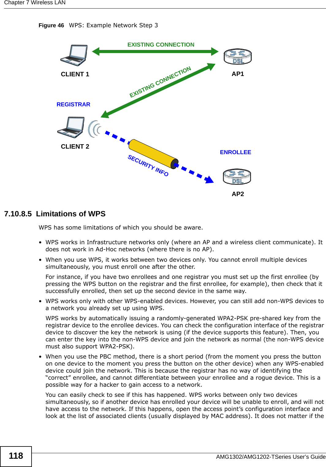 Chapter 7 Wireless LANAMG1302/AMG1202-TSeries User’s Guide118Figure 46   WPS: Example Network Step 37.10.8.5  Limitations of WPSWPS has some limitations of which you should be aware. • WPS works in Infrastructure networks only (where an AP and a wireless client communicate). It does not work in Ad-Hoc networks (where there is no AP).• When you use WPS, it works between two devices only. You cannot enroll multiple devices simultaneously, you must enroll one after the other. For instance, if you have two enrollees and one registrar you must set up the first enrollee (by pressing the WPS button on the registrar and the first enrollee, for example), then check that it successfully enrolled, then set up the second device in the same way.• WPS works only with other WPS-enabled devices. However, you can still add non-WPS devices to a network you already set up using WPS. WPS works by automatically issuing a randomly-generated WPA2-PSK pre-shared key from the registrar device to the enrollee devices. You can check the configuration interface of the registrar device to discover the key the network is using (if the device supports this feature). Then, you can enter the key into the non-WPS device and join the network as normal (the non-WPS device must also support WPA2-PSK).• When you use the PBC method, there is a short period (from the moment you press the button on one device to the moment you press the button on the other device) when any WPS-enabled device could join the network. This is because the registrar has no way of identifying the “correct” enrollee, and cannot differentiate between your enrollee and a rogue device. This is a possible way for a hacker to gain access to a network.You can easily check to see if this has happened. WPS works between only two devices simultaneously, so if another device has enrolled your device will be unable to enroll, and will not have access to the network. If this happens, open the access point’s configuration interface and look at the list of associated clients (usually displayed by MAC address). It does not matter if the CLIENT 1 AP1REGISTRARCLIENT 2EXISTING CONNECTIONSECURITY INFOENROLLEEAP2EXISTING CONNECTION