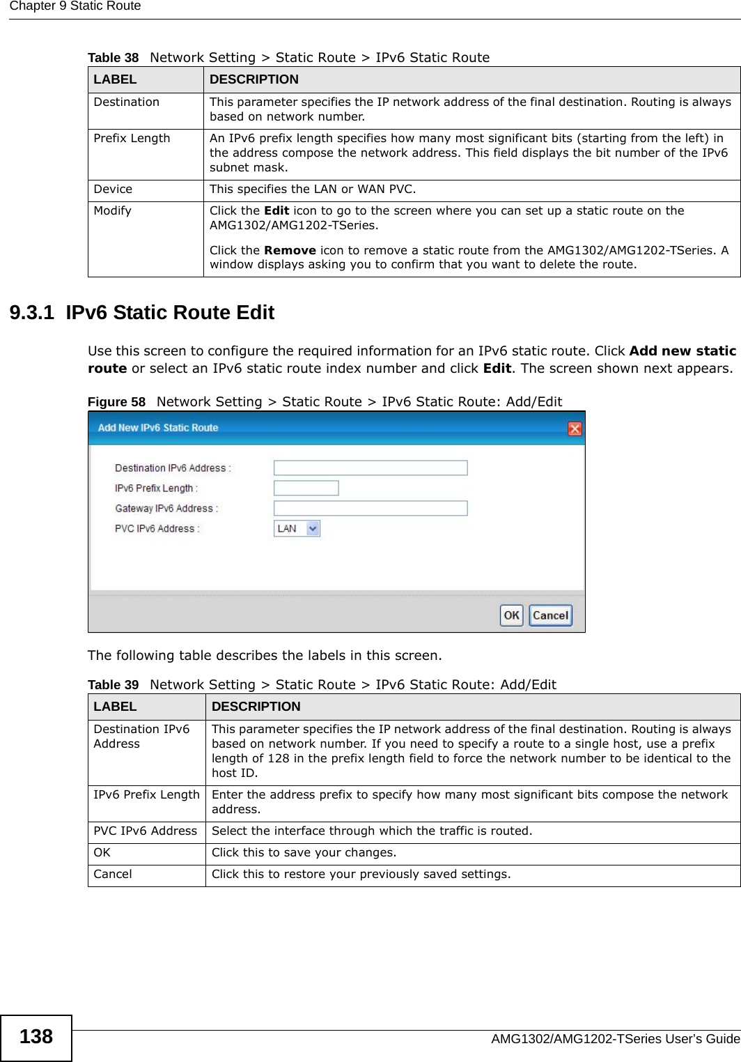 Chapter 9 Static RouteAMG1302/AMG1202-TSeries User’s Guide1389.3.1  IPv6 Static Route Edit   Use this screen to configure the required information for an IPv6 static route. Click Add new static route or select an IPv6 static route index number and click Edit. The screen shown next appears.Figure 58   Network Setting &gt; Static Route &gt; IPv6 Static Route: Add/EditThe following table describes the labels in this screen. Destination This parameter specifies the IP network address of the final destination. Routing is always based on network number. Prefix Length An IPv6 prefix length specifies how many most significant bits (starting from the left) in the address compose the network address. This field displays the bit number of the IPv6 subnet mask.Device This specifies the LAN or WAN PVC.Modify Click the Edit icon to go to the screen where you can set up a static route on the AMG1302/AMG1202-TSeries.Click the Remove icon to remove a static route from the AMG1302/AMG1202-TSeries. A window displays asking you to confirm that you want to delete the route. Table 38   Network Setting &gt; Static Route &gt; IPv6 Static RouteLABEL DESCRIPTIONTable 39   Network Setting &gt; Static Route &gt; IPv6 Static Route: Add/EditLABEL DESCRIPTIONDestination IPv6 AddressThis parameter specifies the IP network address of the final destination. Routing is always based on network number. If you need to specify a route to a single host, use a prefix length of 128 in the prefix length field to force the network number to be identical to the host ID.IPv6 Prefix Length Enter the address prefix to specify how many most significant bits compose the network address.PVC IPv6 Address Select the interface through which the traffic is routed.OK Click this to save your changes.Cancel Click this to restore your previously saved settings.
