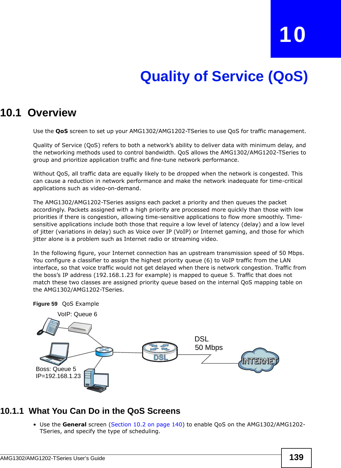 AMG1302/AMG1202-TSeries User’s Guide 139CHAPTER   10Quality of Service (QoS)10.1  OverviewUse the QoS screen to set up your AMG1302/AMG1202-TSeries to use QoS for traffic management. Quality of Service (QoS) refers to both a network’s ability to deliver data with minimum delay, and the networking methods used to control bandwidth. QoS allows the AMG1302/AMG1202-TSeries to group and prioritize application traffic and fine-tune network performance. Without QoS, all traffic data are equally likely to be dropped when the network is congested. This can cause a reduction in network performance and make the network inadequate for time-critical applications such as video-on-demand.The AMG1302/AMG1202-TSeries assigns each packet a priority and then queues the packet accordingly. Packets assigned with a high priority are processed more quickly than those with low priorities if there is congestion, allowing time-sensitive applications to flow more smoothly. Time-sensitive applications include both those that require a low level of latency (delay) and a low level of jitter (variations in delay) such as Voice over IP (VoIP) or Internet gaming, and those for which jitter alone is a problem such as Internet radio or streaming video.In the following figure, your Internet connection has an upstream transmission speed of 50 Mbps. You configure a classifier to assign the highest priority queue (6) to VoIP traffic from the LAN interface, so that voice traffic would not get delayed when there is network congestion. Traffic from the boss’s IP address (192.168.1.23 for example) is mapped to queue 5. Traffic that does not match these two classes are assigned priority queue based on the internal QoS mapping table on the AMG1302/AMG1202-TSeries.Figure 59   QoS Example10.1.1  What You Can Do in the QoS Screens•Use the General screen (Section 10.2 on page 140) to enable QoS on the AMG1302/AMG1202-TSeries, and specify the type of scheduling.50 MbpsDSLVoIP: Queue 6Boss: Queue 5IP=192.168.1.23