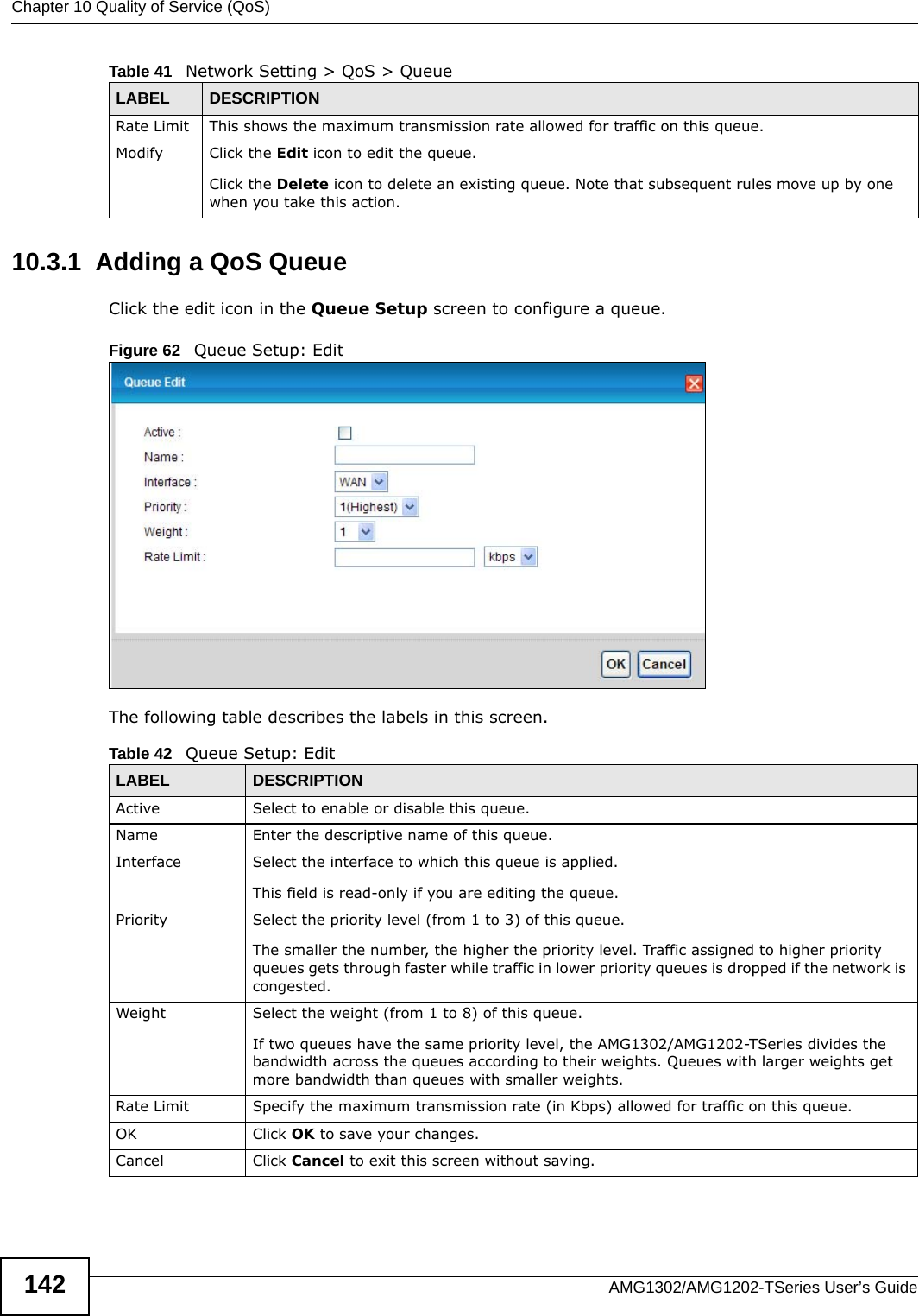 Chapter 10 Quality of Service (QoS)AMG1302/AMG1202-TSeries User’s Guide14210.3.1  Adding a QoS Queue Click the edit icon in the Queue Setup screen to configure a queue. Figure 62   Queue Setup: Edit The following table describes the labels in this screen.  Rate Limit This shows the maximum transmission rate allowed for traffic on this queue.Modify Click the Edit icon to edit the queue.Click the Delete icon to delete an existing queue. Note that subsequent rules move up by one when you take this action.Table 41   Network Setting &gt; QoS &gt; QueueLABEL DESCRIPTIONTable 42   Queue Setup: EditLABEL DESCRIPTIONActive Select to enable or disable this queue.Name Enter the descriptive name of this queue.Interface Select the interface to which this queue is applied.This field is read-only if you are editing the queue.Priority Select the priority level (from 1 to 3) of this queue.The smaller the number, the higher the priority level. Traffic assigned to higher priority queues gets through faster while traffic in lower priority queues is dropped if the network is congested.Weight Select the weight (from 1 to 8) of this queue. If two queues have the same priority level, the AMG1302/AMG1202-TSeries divides the bandwidth across the queues according to their weights. Queues with larger weights get more bandwidth than queues with smaller weights.Rate Limit Specify the maximum transmission rate (in Kbps) allowed for traffic on this queue.OK Click OK to save your changes.Cancel Click Cancel to exit this screen without saving.
